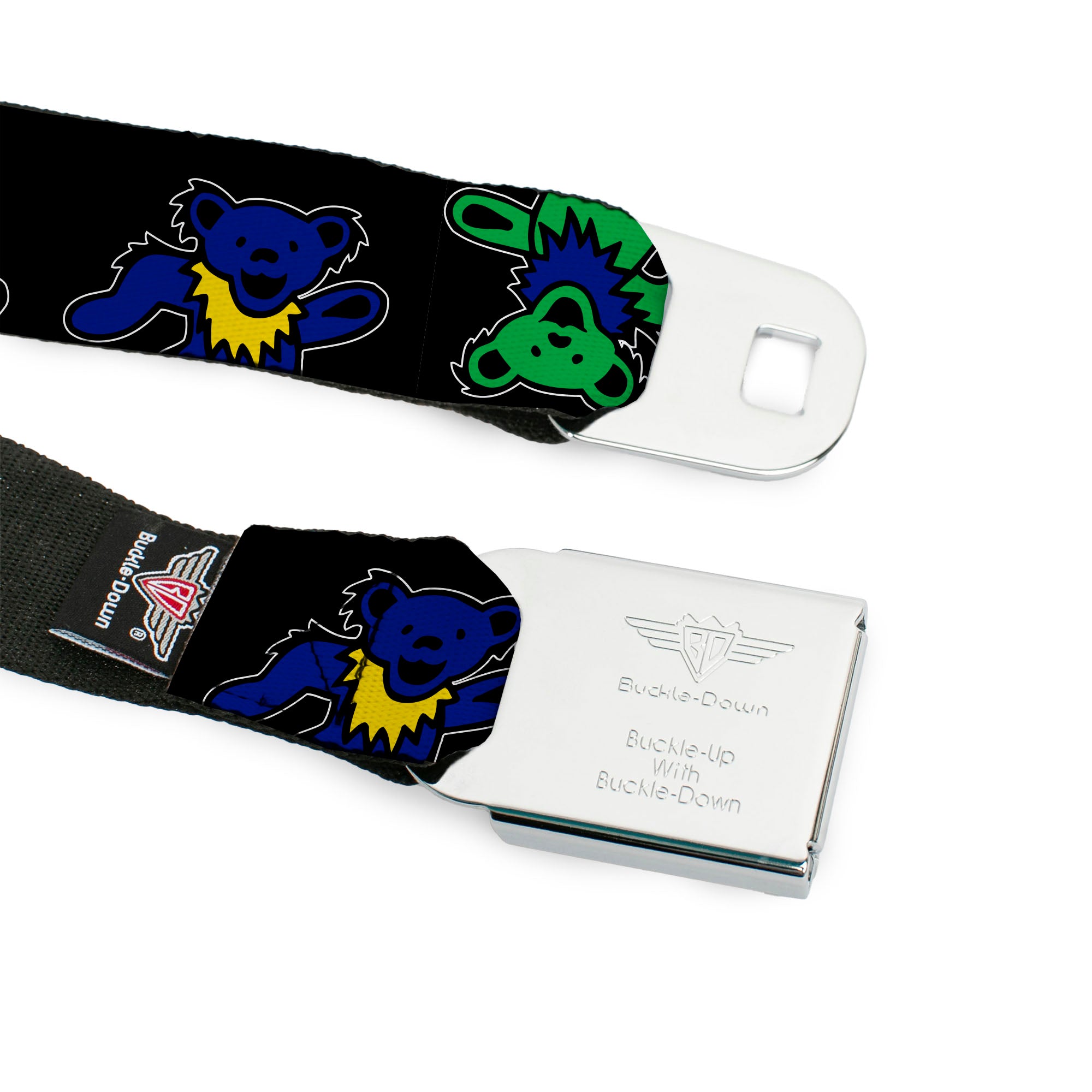 GRATEFUL DEAD Text with Steal Your Face Logo Full Color Black Seatbelt Belt - Grateful Dead Dancing Bears Close-Up Black/Multi Color Webbing Seatbelt Belts Grateful Dead