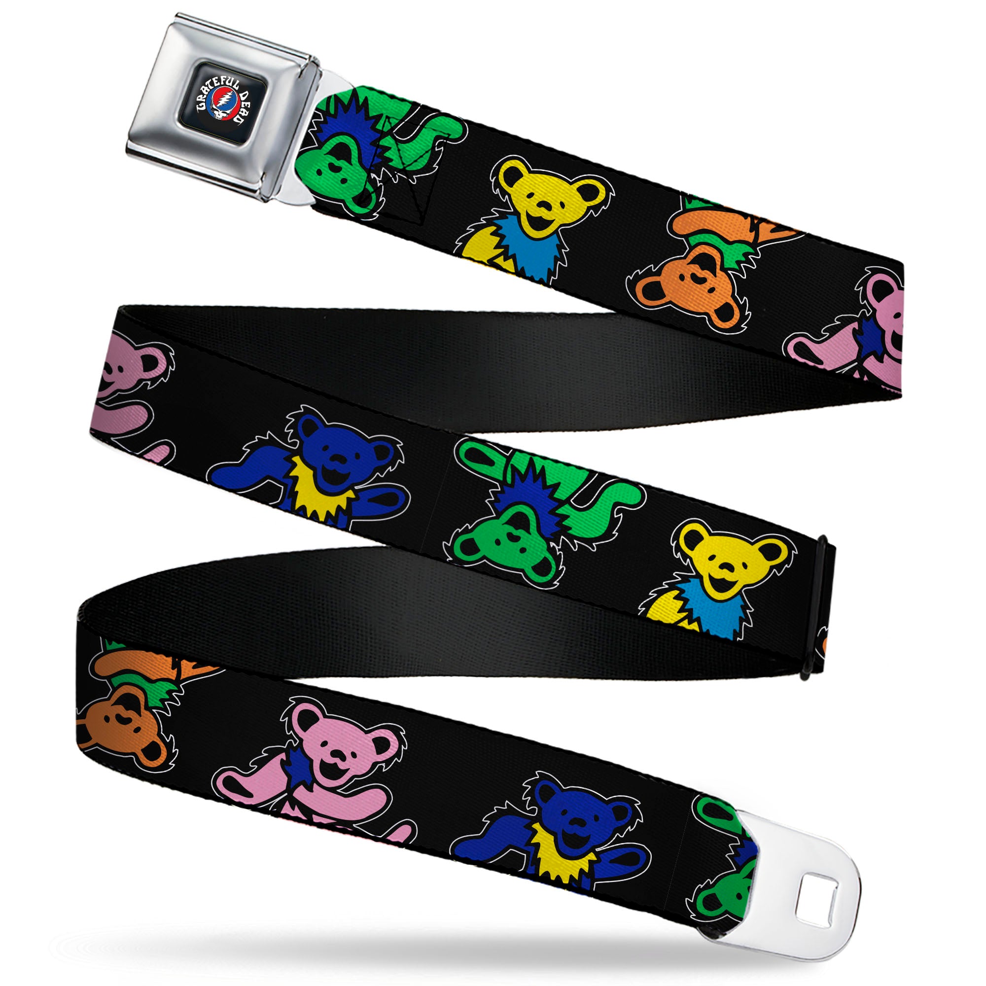 GRATEFUL DEAD Text with Steal Your Face Logo Full Color Black Seatbelt Belt - Grateful Dead Dancing Bears Close-Up Black/Multi Color Webbing Seatbelt Belts Grateful Dead