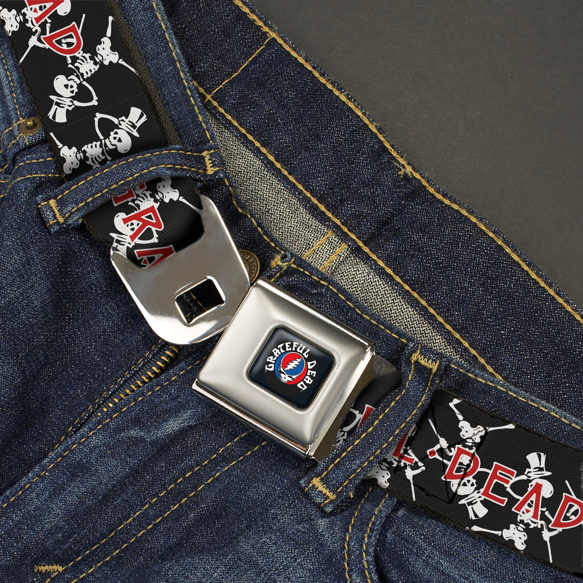 GRATEFUL DEAD Text with Steal Your Face Logo Full Color Black Seatbelt Belt - GRATEFUL DEAD Dancing Skeletons and Text Black/White/Red Webbing Seatbelt Belts Grateful Dead