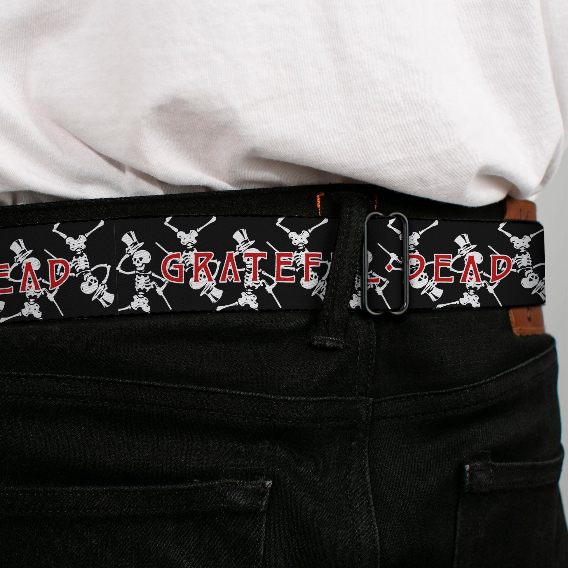GRATEFUL DEAD Text with Steal Your Face Logo Full Color Black Seatbelt Belt - GRATEFUL DEAD Dancing Skeletons and Text Black/White/Red Webbing Seatbelt Belts Grateful Dead