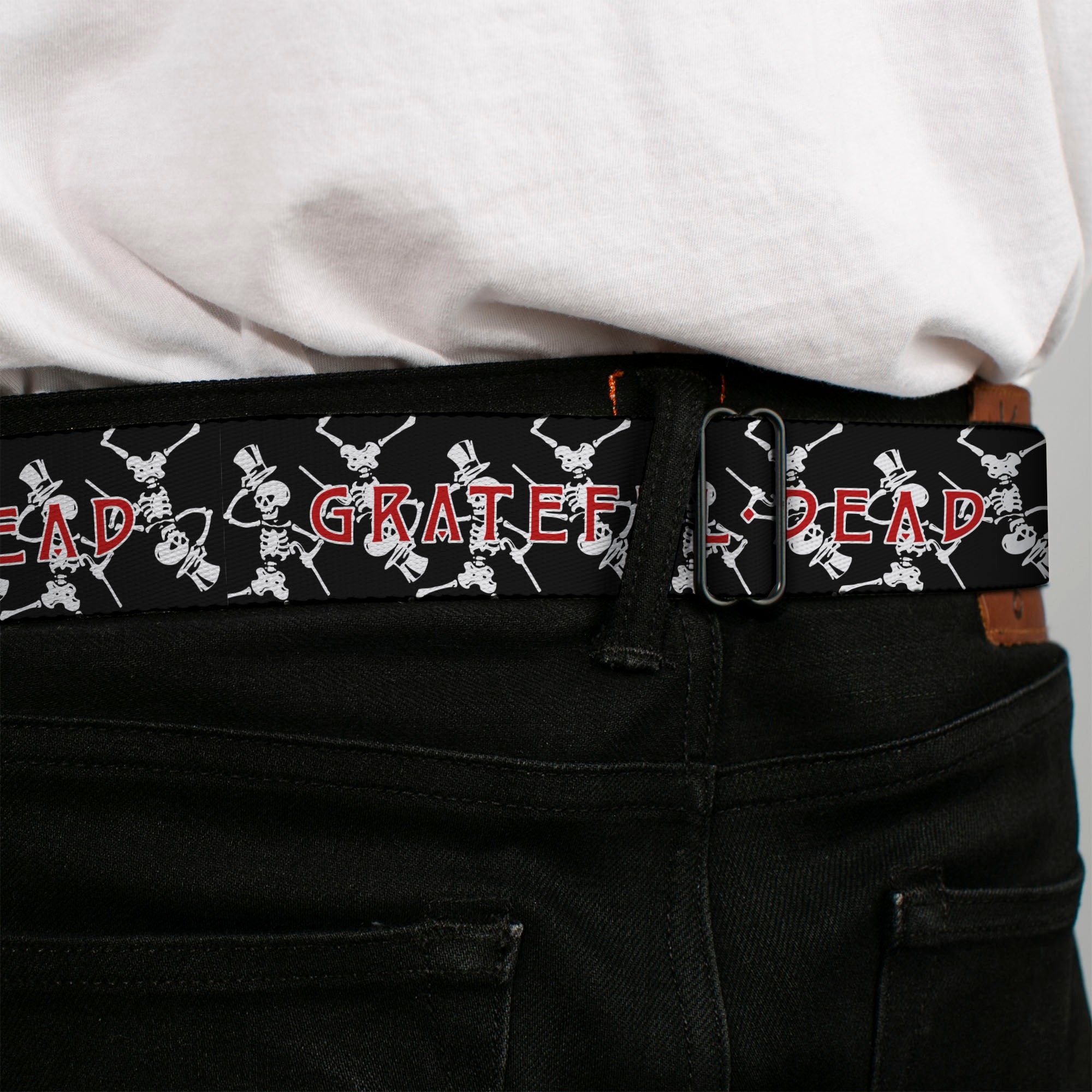 GRATEFUL DEAD Text with Steal Your Face Logo Full Color Black Seatbelt Belt - GRATEFUL DEAD Dancing Skeletons and Text Black/White/Red Webbing Seatbelt Belts Grateful Dead
