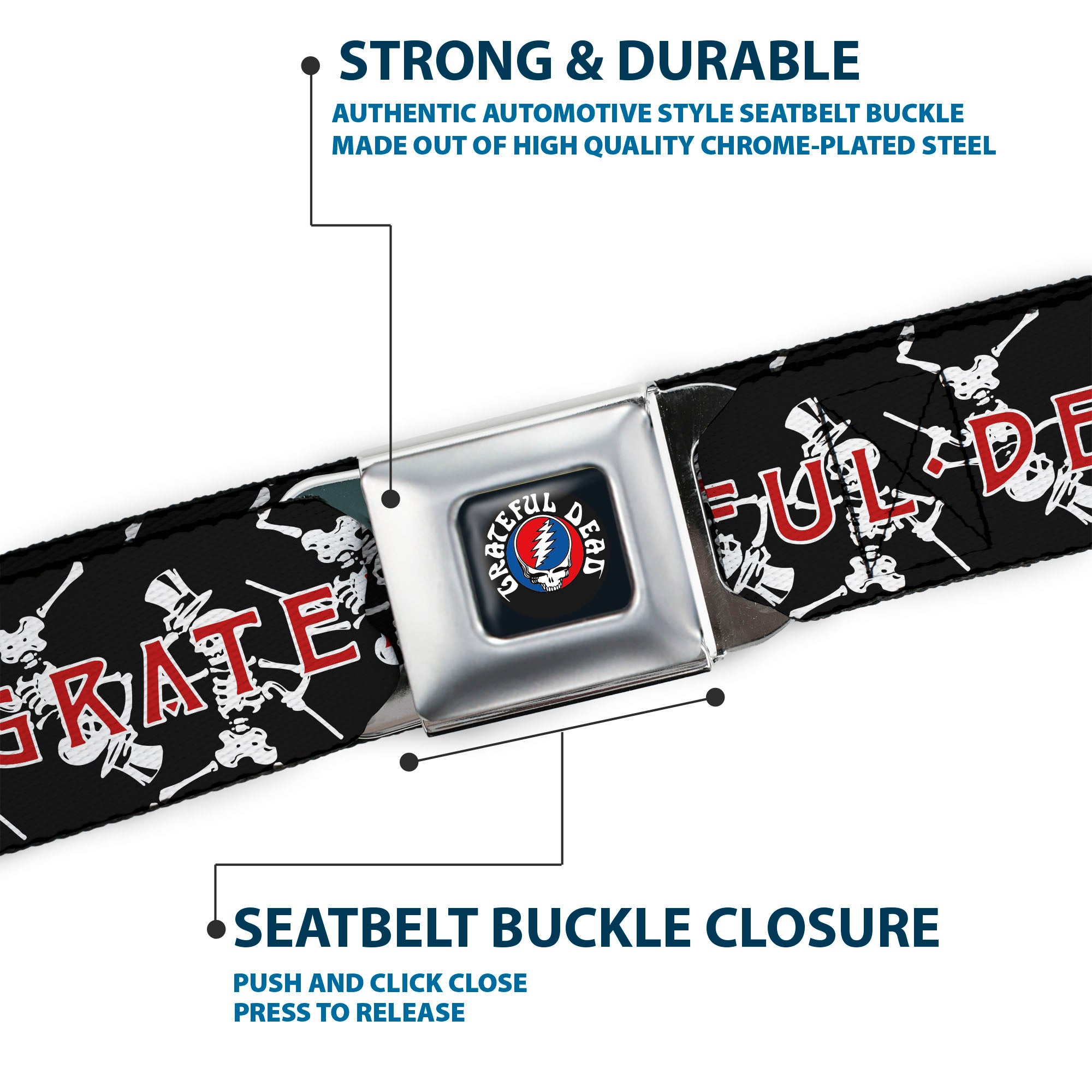 GRATEFUL DEAD Text with Steal Your Face Logo Full Color Black Seatbelt Belt - GRATEFUL DEAD Dancing Skeletons and Text Black/White/Red Webbing Seatbelt Belts Grateful Dead