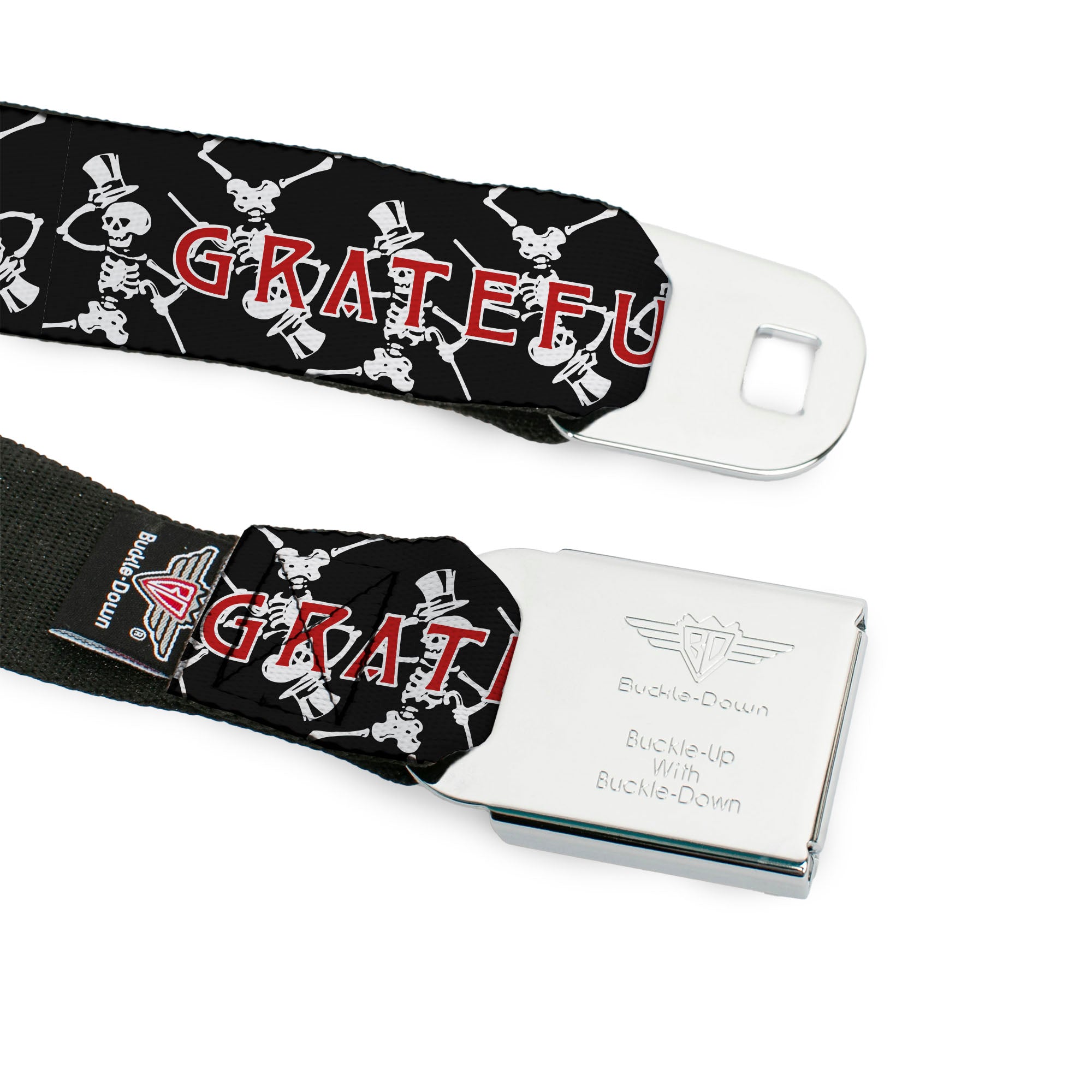 GRATEFUL DEAD Text with Steal Your Face Logo Full Color Black Seatbelt Belt - GRATEFUL DEAD Dancing Skeletons and Text Black/White/Red Webbing Seatbelt Belts Grateful Dead