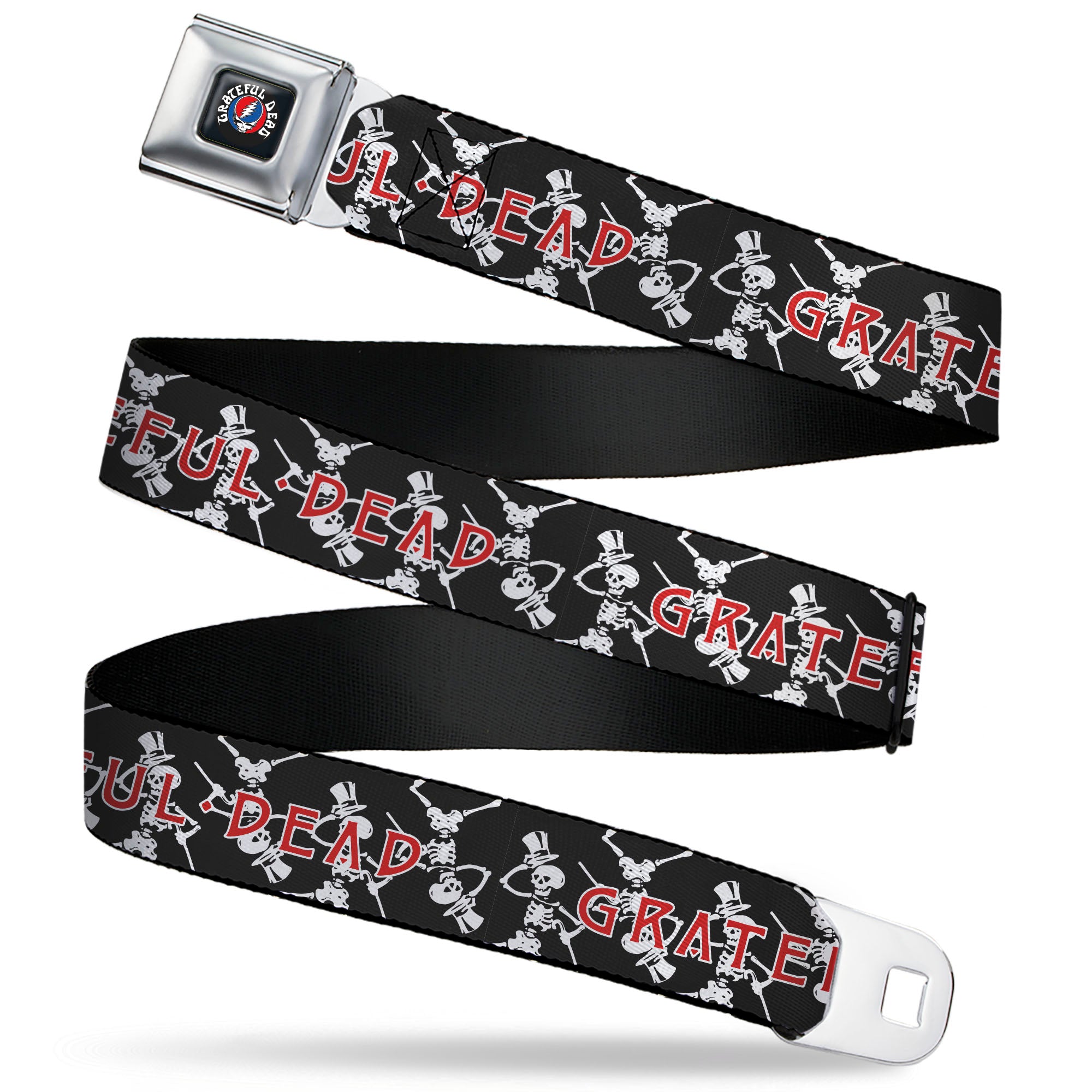 GRATEFUL DEAD Text with Steal Your Face Logo Full Color Black Seatbelt Belt - GRATEFUL DEAD Dancing Skeletons and Text Black/White/Red Webbing Seatbelt Belts Grateful Dead