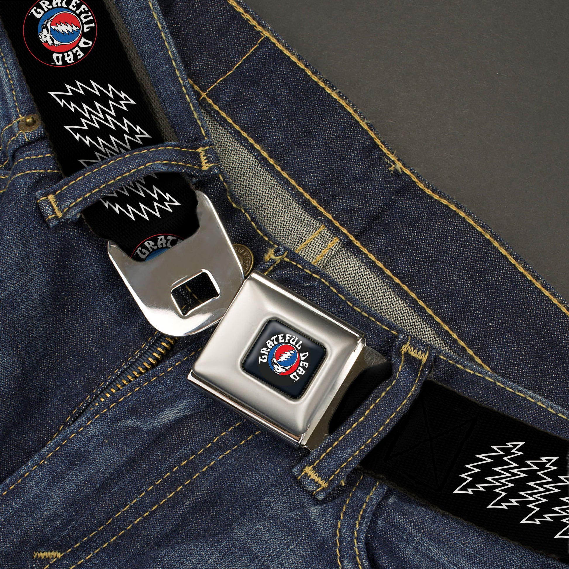 GRATEFUL DEAD Text with Steal Your Face Logo Full Color Black Seatbelt Belt - GRATEFUL DEAD Steal Your Face and Bolts Black/White Webbing Seatbelt Belts Grateful Dead