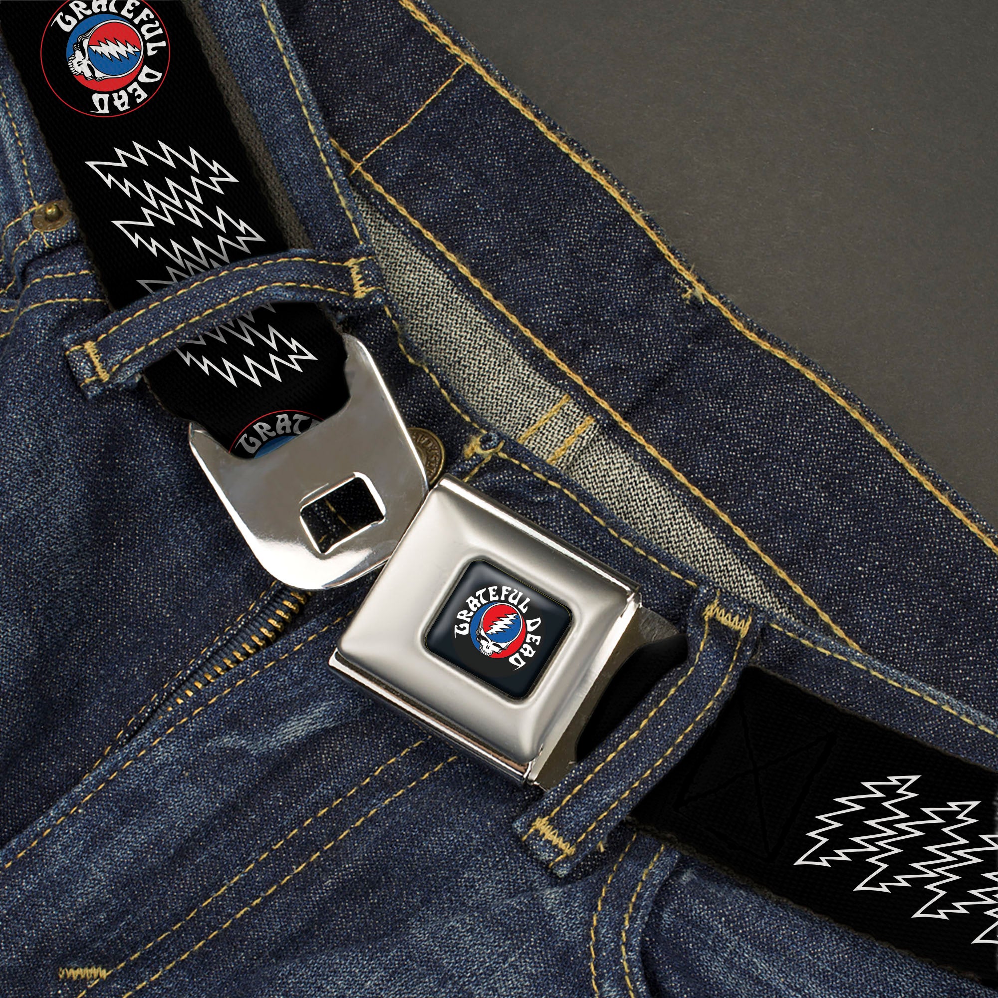 GRATEFUL DEAD Text with Steal Your Face Logo Full Color Black Seatbelt Belt - GRATEFUL DEAD Steal Your Face and Bolts Black/White Webbing Seatbelt Belts Grateful Dead