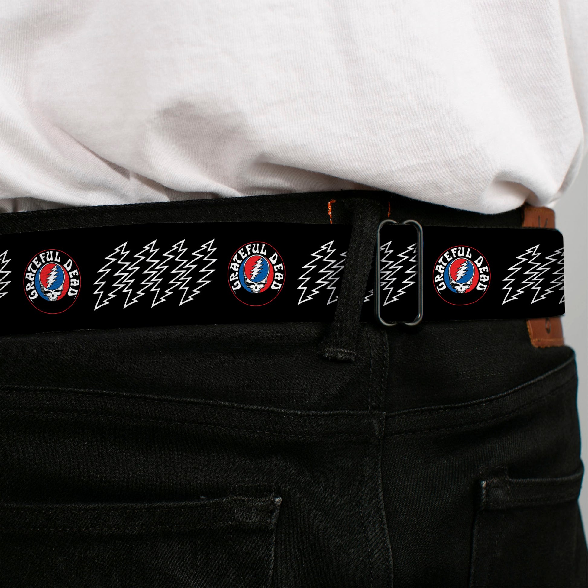 GRATEFUL DEAD Text with Steal Your Face Logo Full Color Black Seatbelt Belt - GRATEFUL DEAD Steal Your Face and Bolts Black/White Webbing Seatbelt Belts Grateful Dead