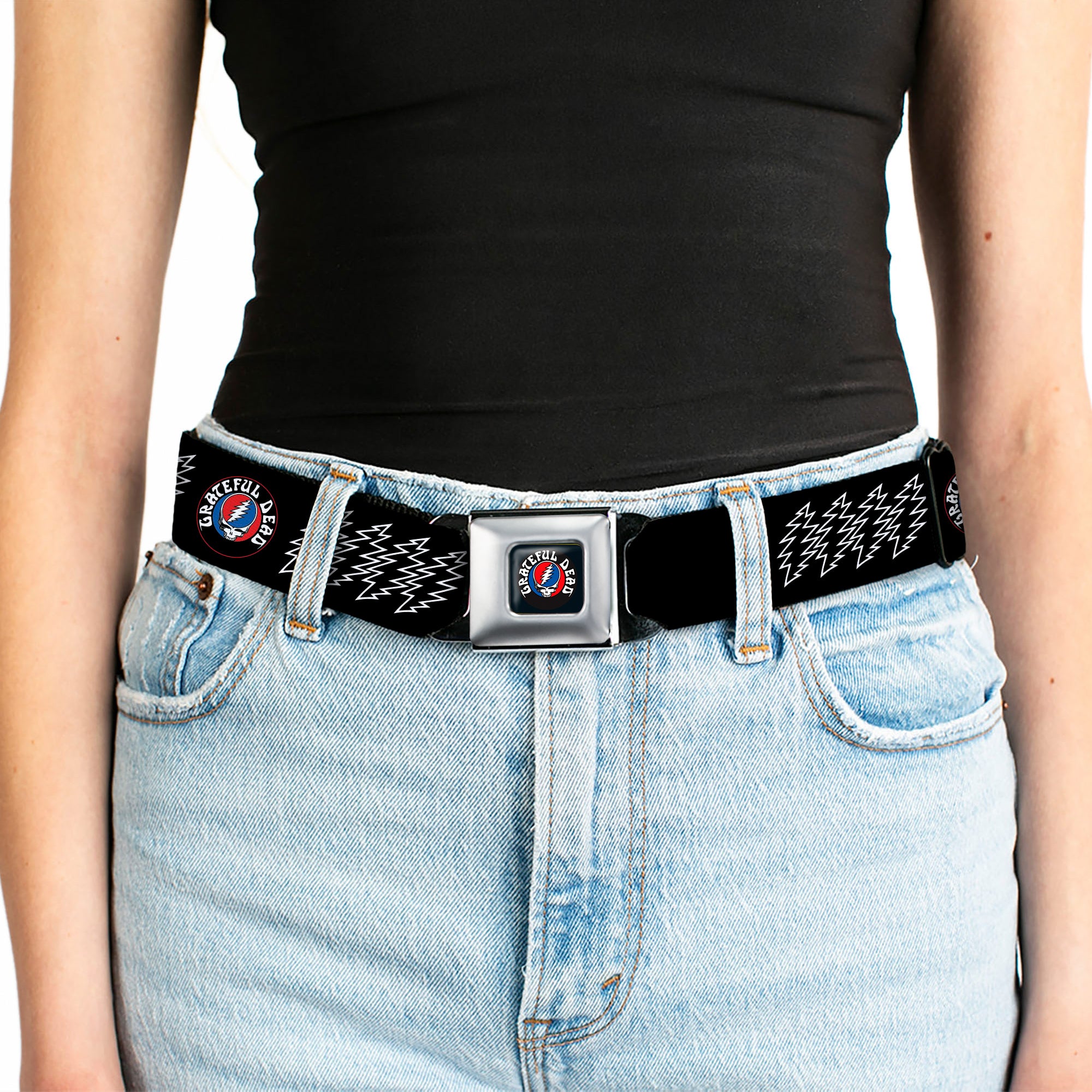 GRATEFUL DEAD Text with Steal Your Face Logo Full Color Black Seatbelt Belt - GRATEFUL DEAD Steal Your Face and Bolts Black/White Webbing Seatbelt Belts Grateful Dead
