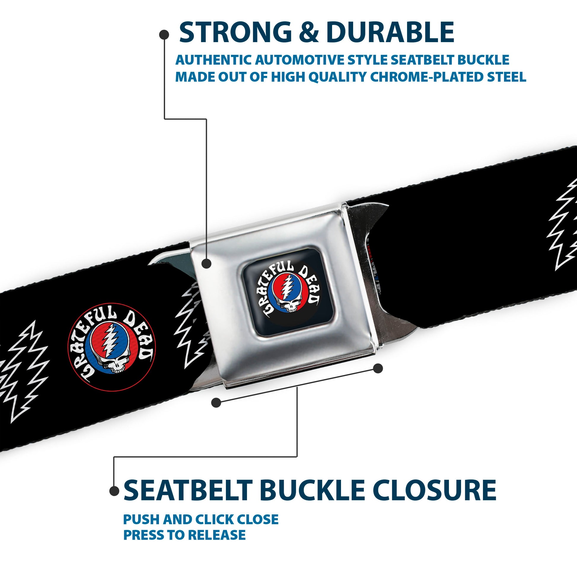 GRATEFUL DEAD Text with Steal Your Face Logo Full Color Black Seatbelt Belt - GRATEFUL DEAD Steal Your Face and Bolts Black/White Webbing Seatbelt Belts Grateful Dead