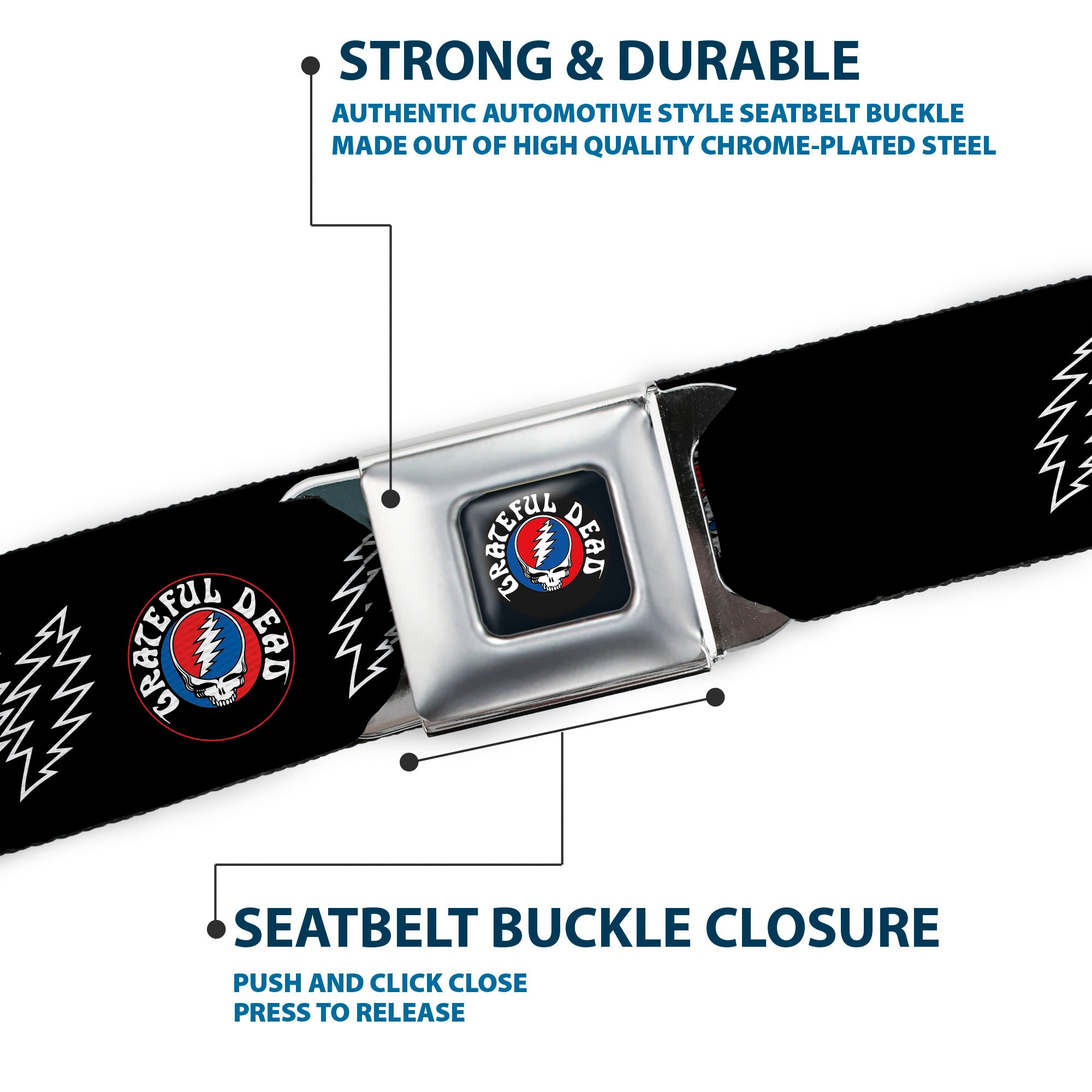 GRATEFUL DEAD Text with Steal Your Face Logo Full Color Black Seatbelt Belt - GRATEFUL DEAD Steal Your Face and Bolts Black/White Webbing Seatbelt Belts Grateful Dead