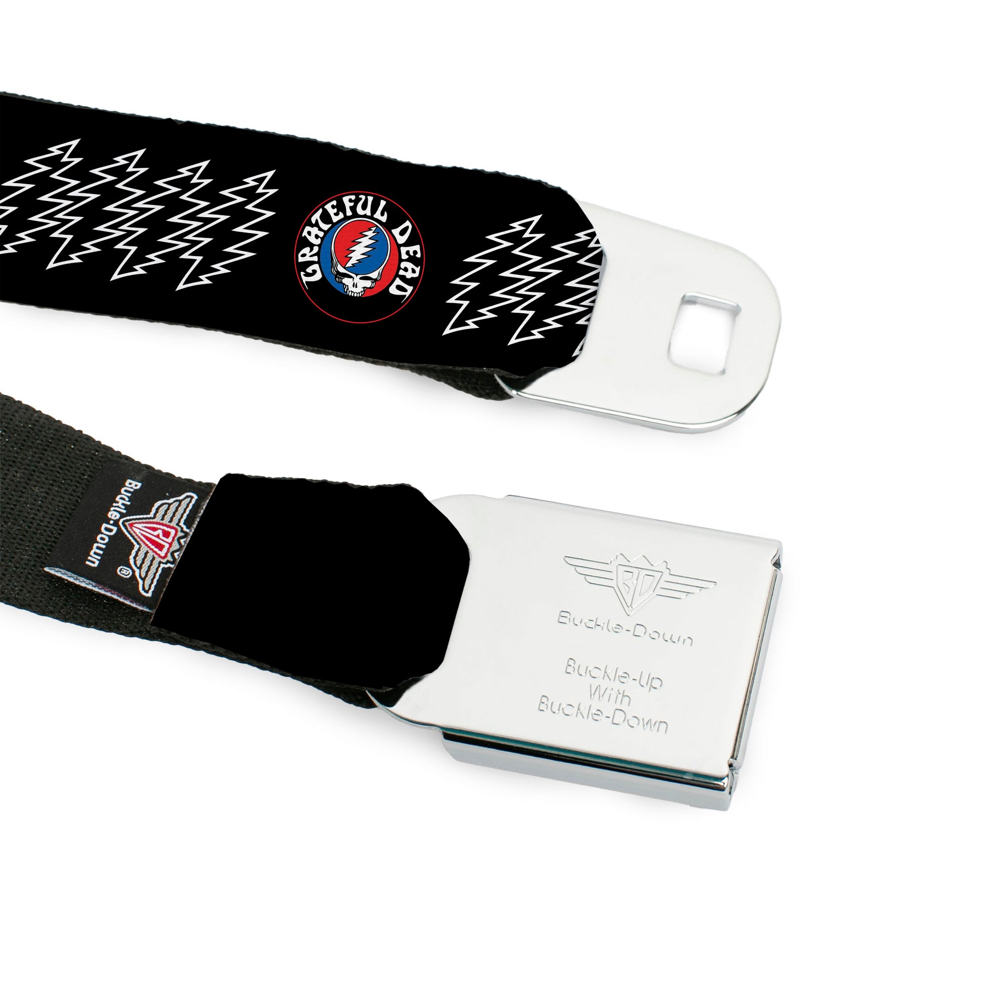 GRATEFUL DEAD Text with Steal Your Face Logo Full Color Black Seatbelt Belt - GRATEFUL DEAD Steal Your Face and Bolts Black/White Webbing Seatbelt Belts Grateful Dead