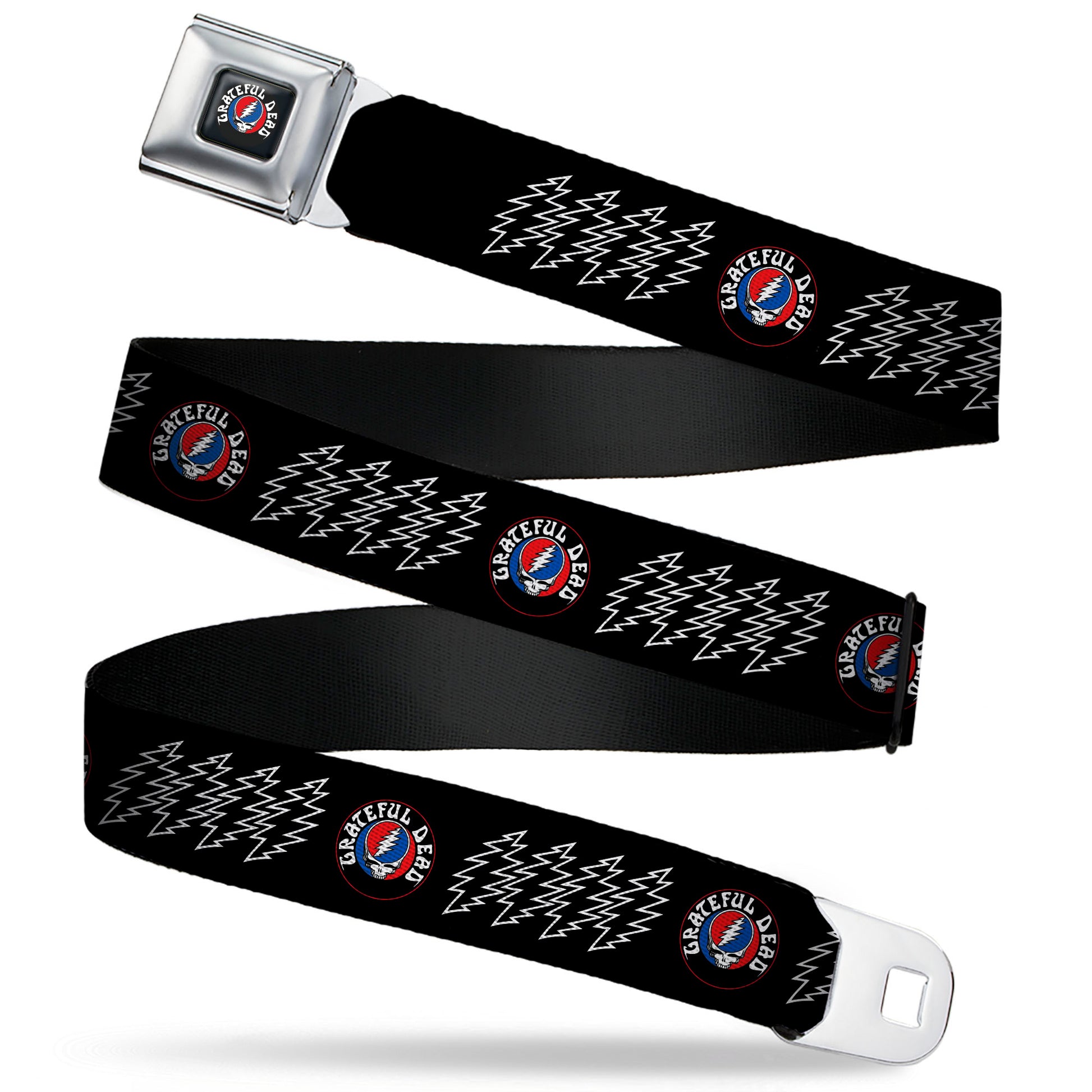 GRATEFUL DEAD Text with Steal Your Face Logo Full Color Black Seatbelt Belt - GRATEFUL DEAD Steal Your Face and Bolts Black/White Webbing Seatbelt Belts Grateful Dead