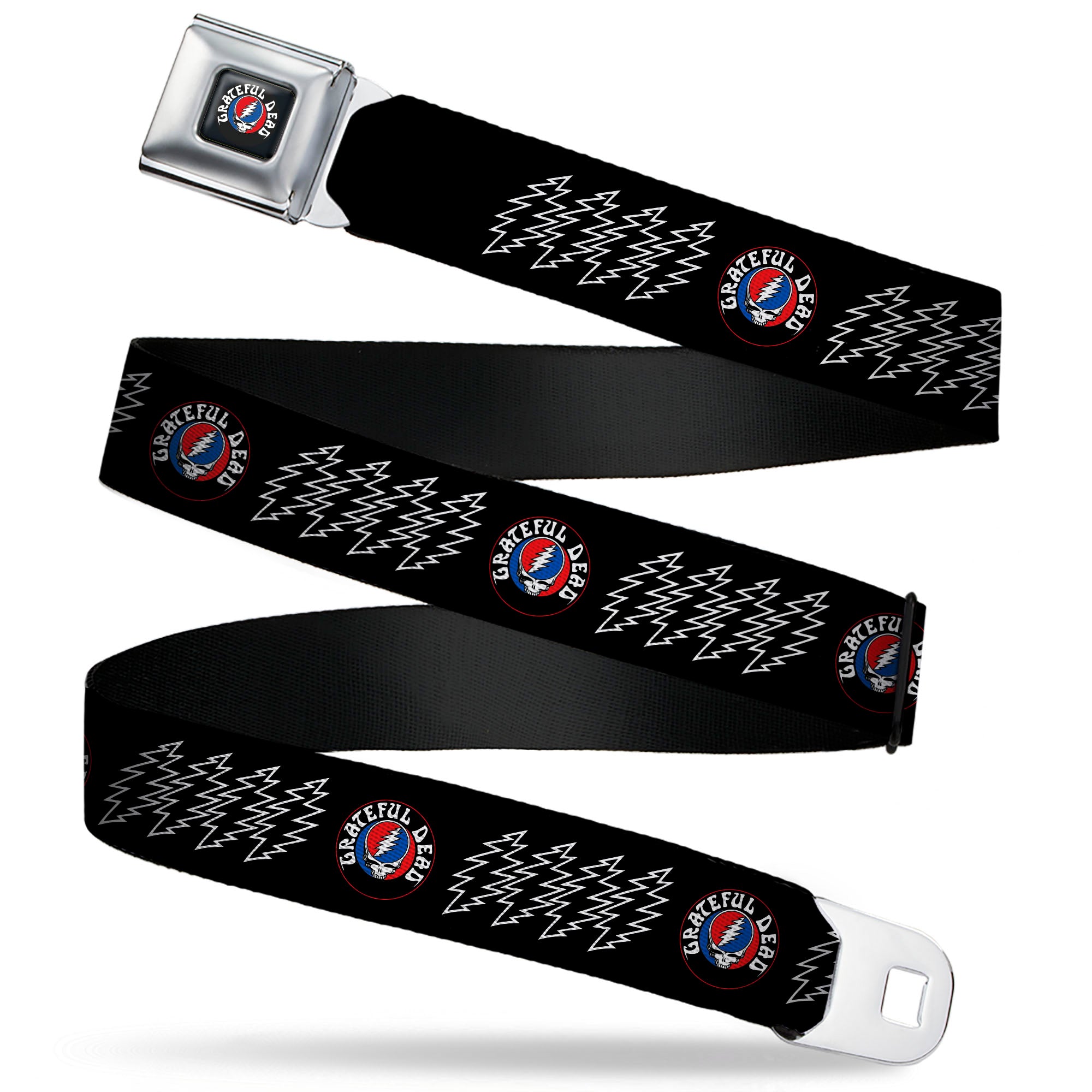 GRATEFUL DEAD Text with Steal Your Face Logo Full Color Black Seatbelt Belt - GRATEFUL DEAD Steal Your Face and Bolts Black/White Webbing Seatbelt Belts Grateful Dead