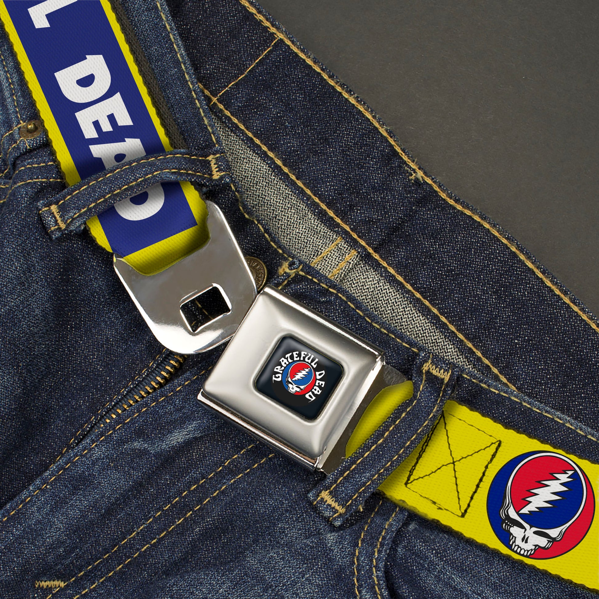 GRATEFUL DEAD Text with Steal Your Face Logo Full Color Black Seatbelt Belt - GRATEFUL DEAD Text Box and Steal Your Face Logo Yellow/Blue/White Webbing Seatbelt Belts Grateful Dead