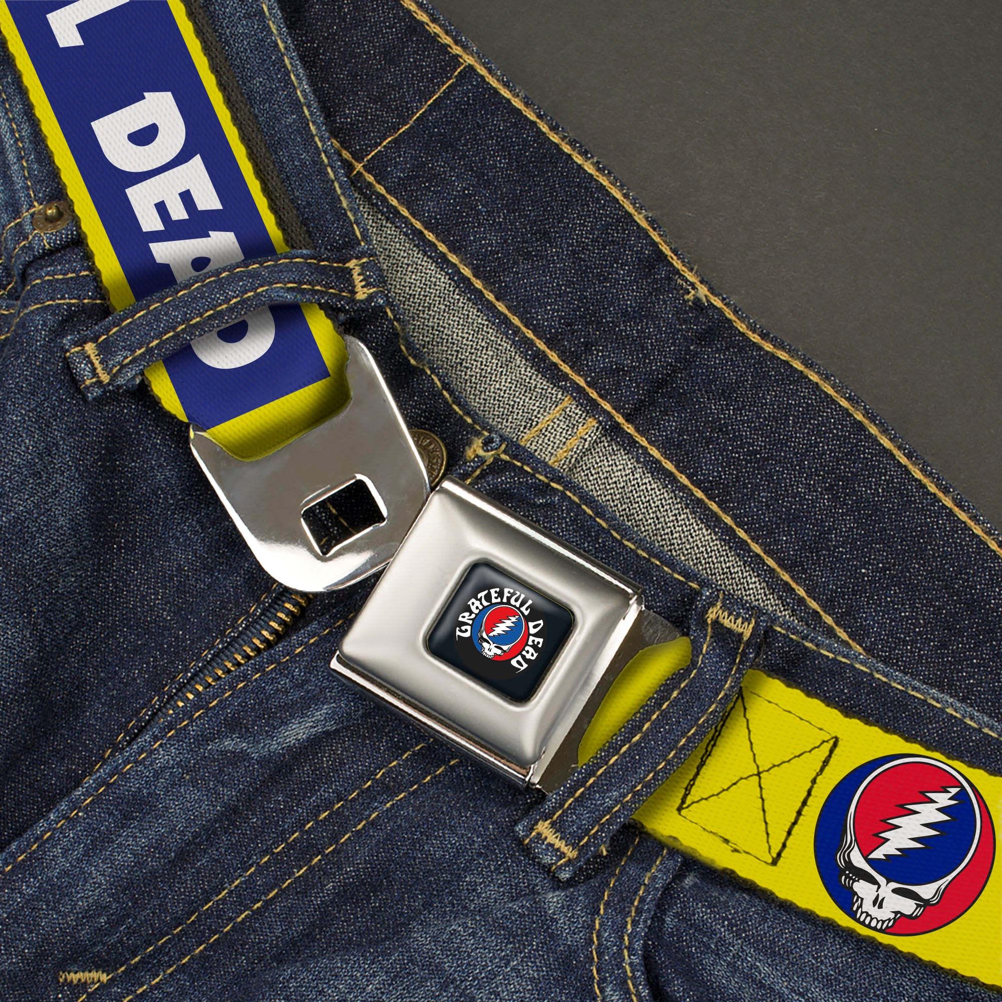 GRATEFUL DEAD Text with Steal Your Face Logo Full Color Black Seatbelt Belt - GRATEFUL DEAD Text Box and Steal Your Face Logo Yellow/Blue/White Webbing Seatbelt Belts Grateful Dead