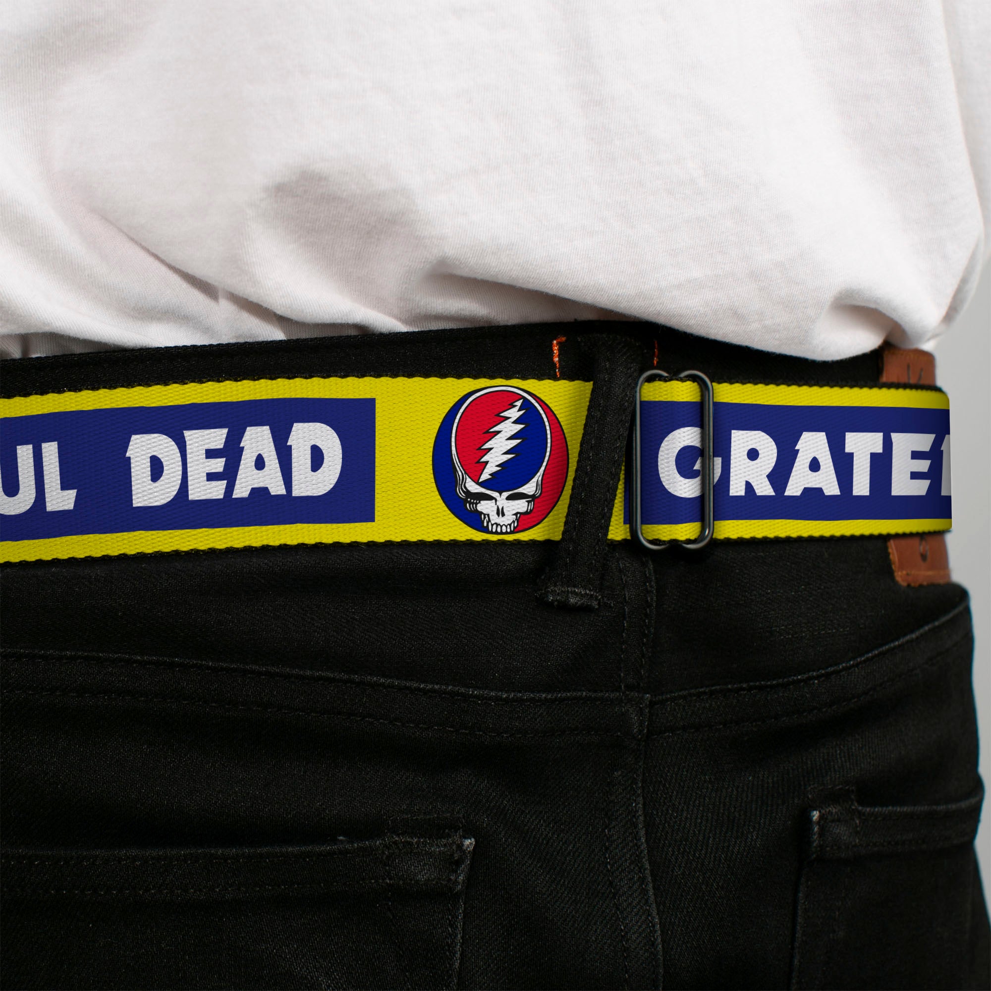 GRATEFUL DEAD Text with Steal Your Face Logo Full Color Black Seatbelt Belt - GRATEFUL DEAD Text Box and Steal Your Face Logo Yellow/Blue/White Webbing Seatbelt Belts Grateful Dead