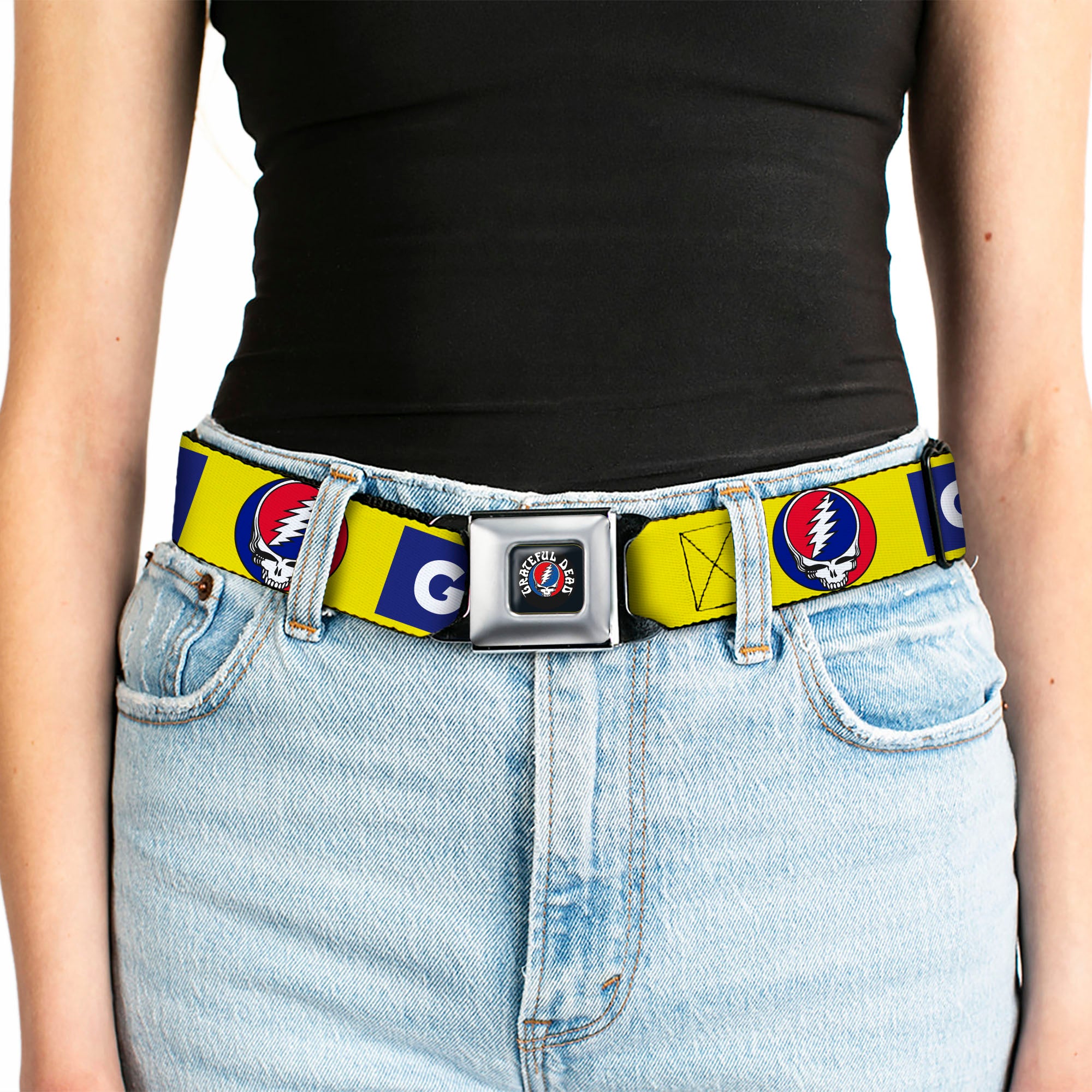 GRATEFUL DEAD Text with Steal Your Face Logo Full Color Black Seatbelt Belt - GRATEFUL DEAD Text Box and Steal Your Face Logo Yellow/Blue/White Webbing Seatbelt Belts Grateful Dead