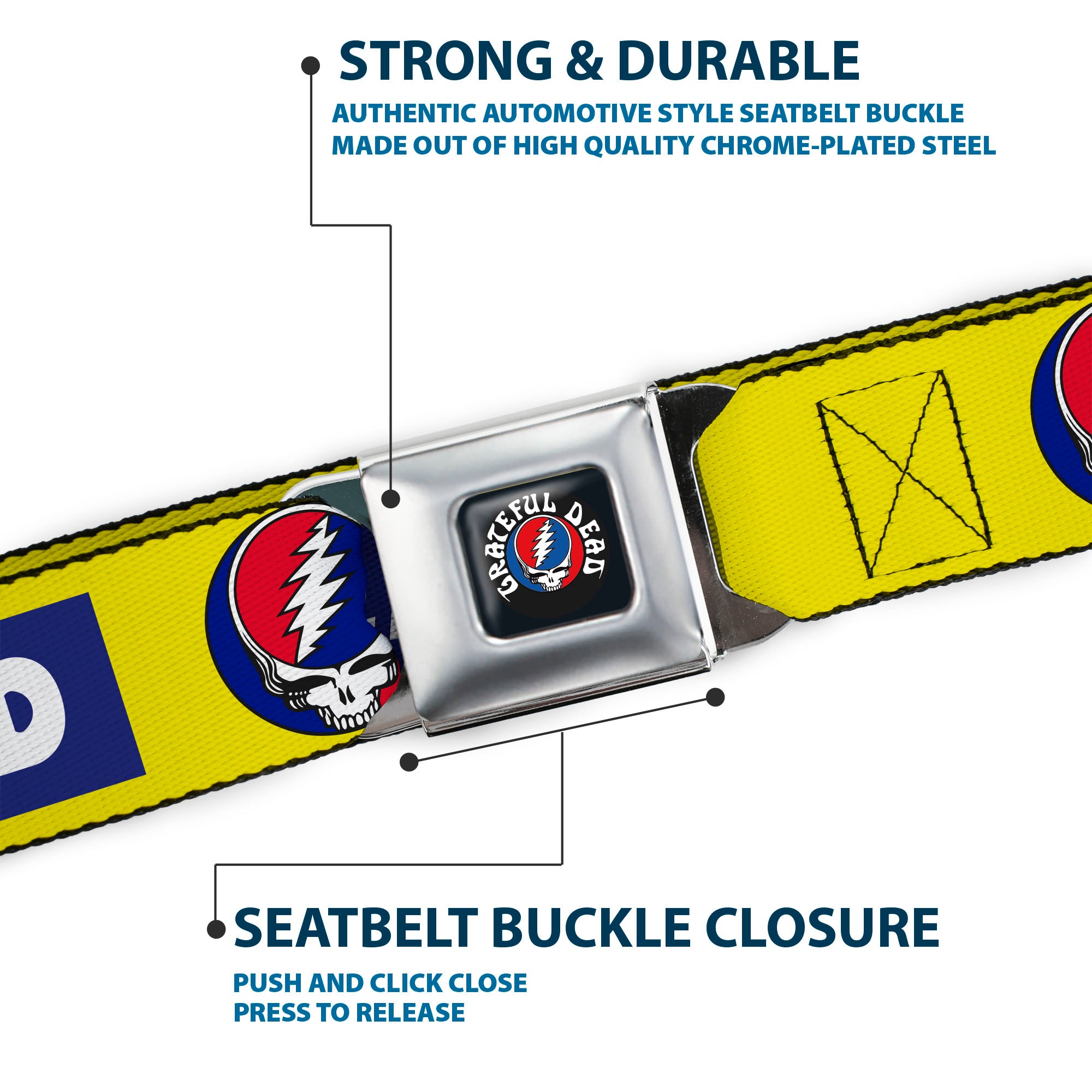 GRATEFUL DEAD Text with Steal Your Face Logo Full Color Black Seatbelt Belt - GRATEFUL DEAD Text Box and Steal Your Face Logo Yellow/Blue/White Webbing Seatbelt Belts Grateful Dead