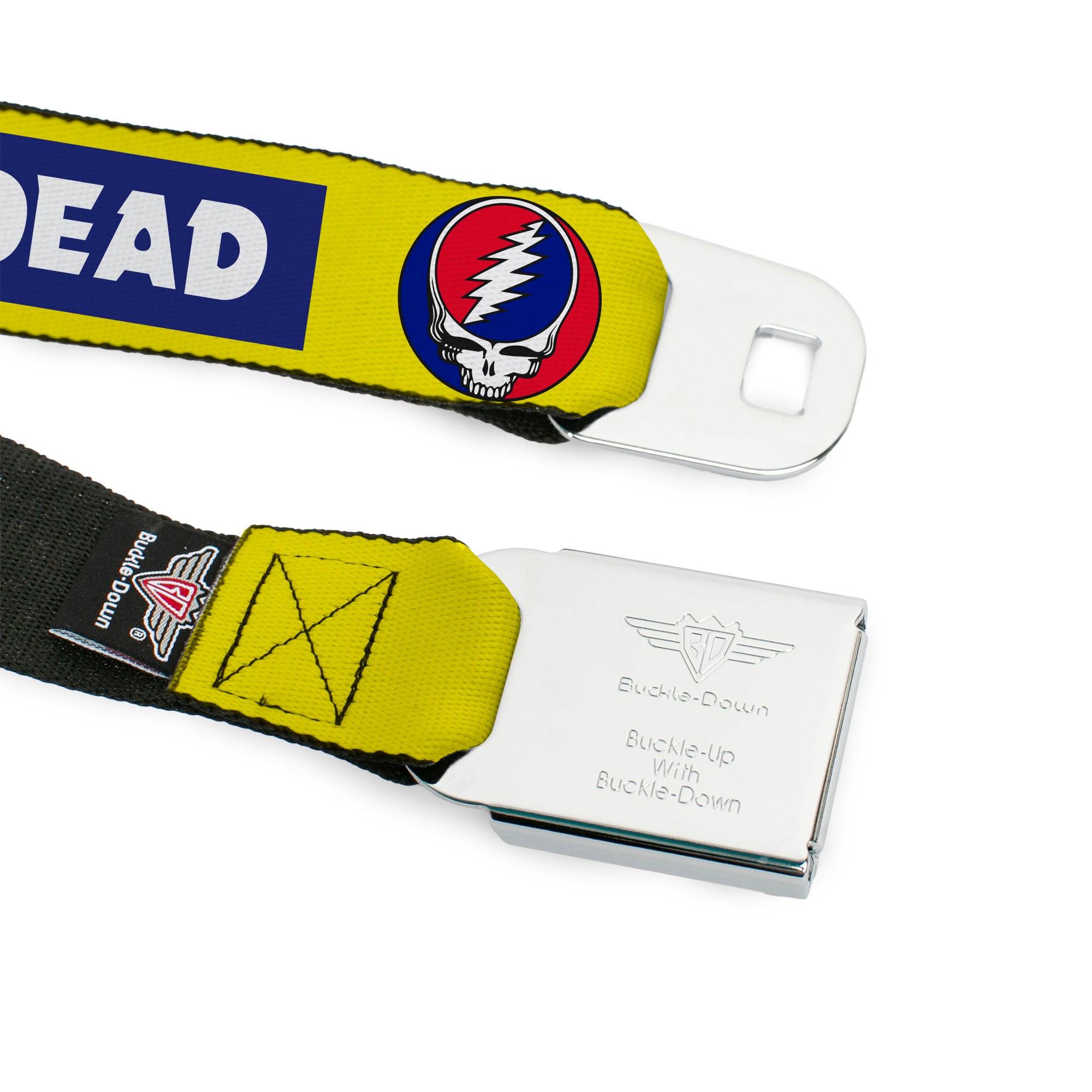 GRATEFUL DEAD Text with Steal Your Face Logo Full Color Black Seatbelt Belt - GRATEFUL DEAD Text Box and Steal Your Face Logo Yellow/Blue/White Webbing Seatbelt Belts Grateful Dead