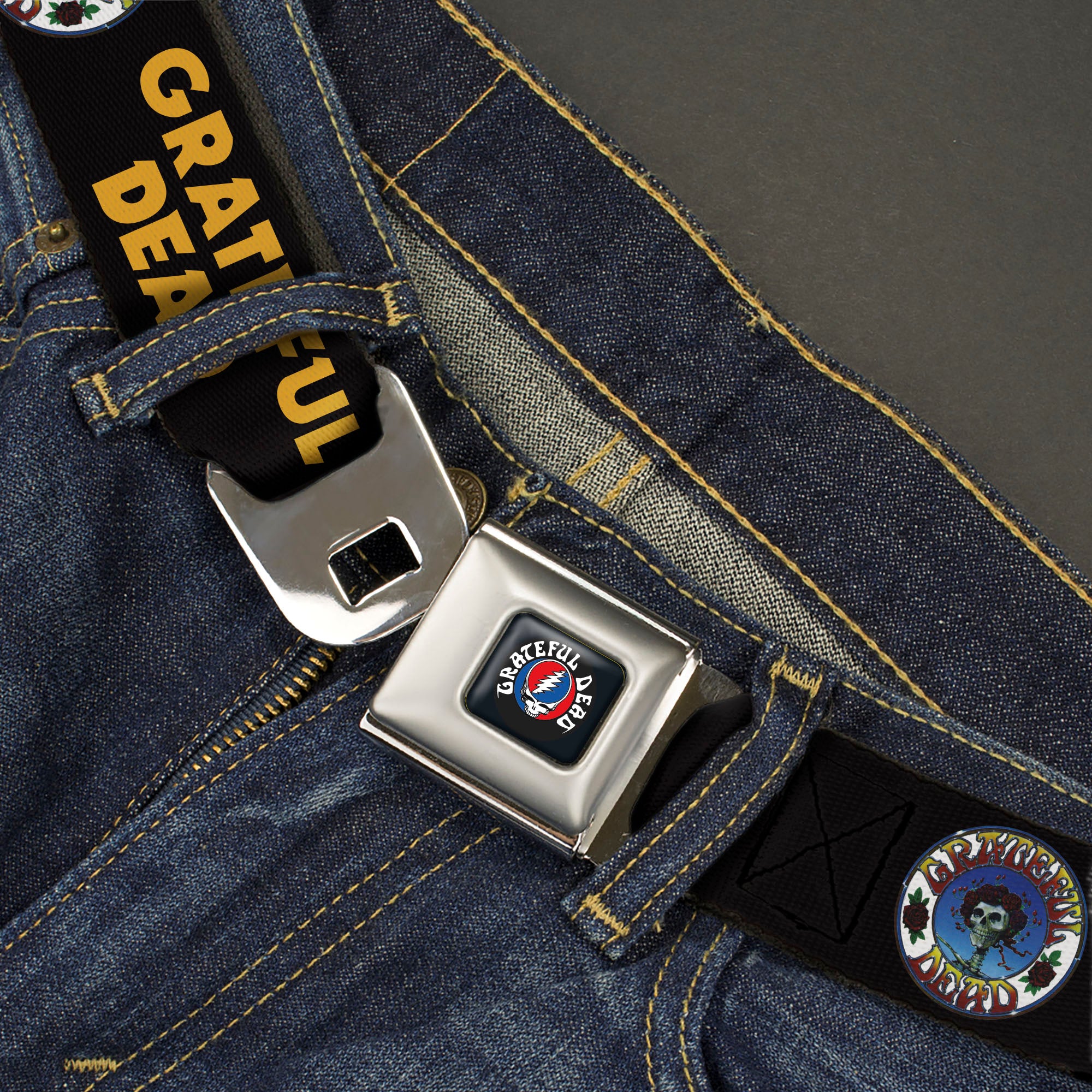 GRATEFUL DEAD Text with Steal Your Face Logo Full Color Black Seatbelt Belt - GRATEFUL DEAD Text and Skull and Roses Round Logo Black/Yellow Webbing Seatbelt Belts Grateful Dead