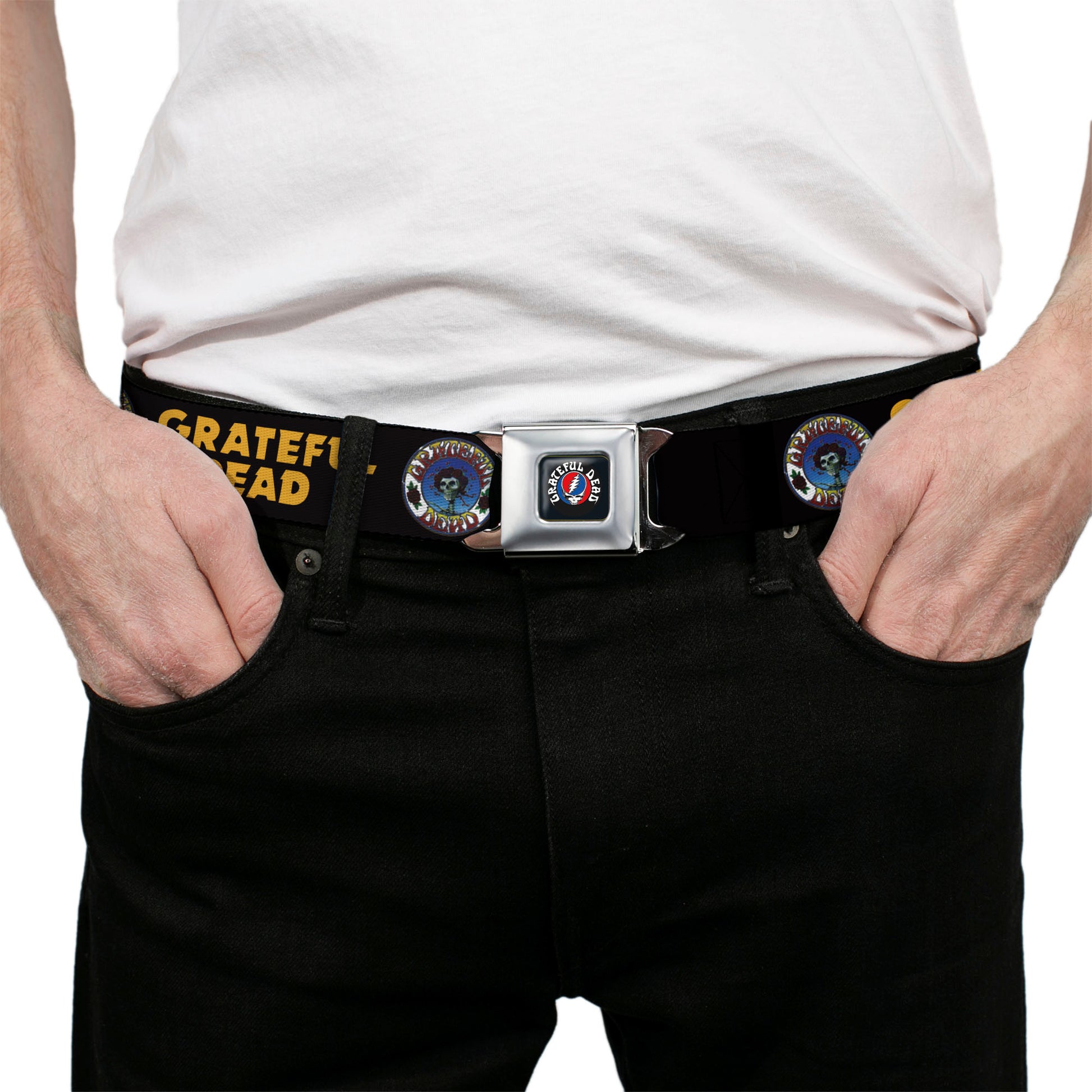 GRATEFUL DEAD Text with Steal Your Face Logo Full Color Black Seatbelt Belt - GRATEFUL DEAD Text and Skull and Roses Round Logo Black/Yellow Webbing Seatbelt Belts Grateful Dead