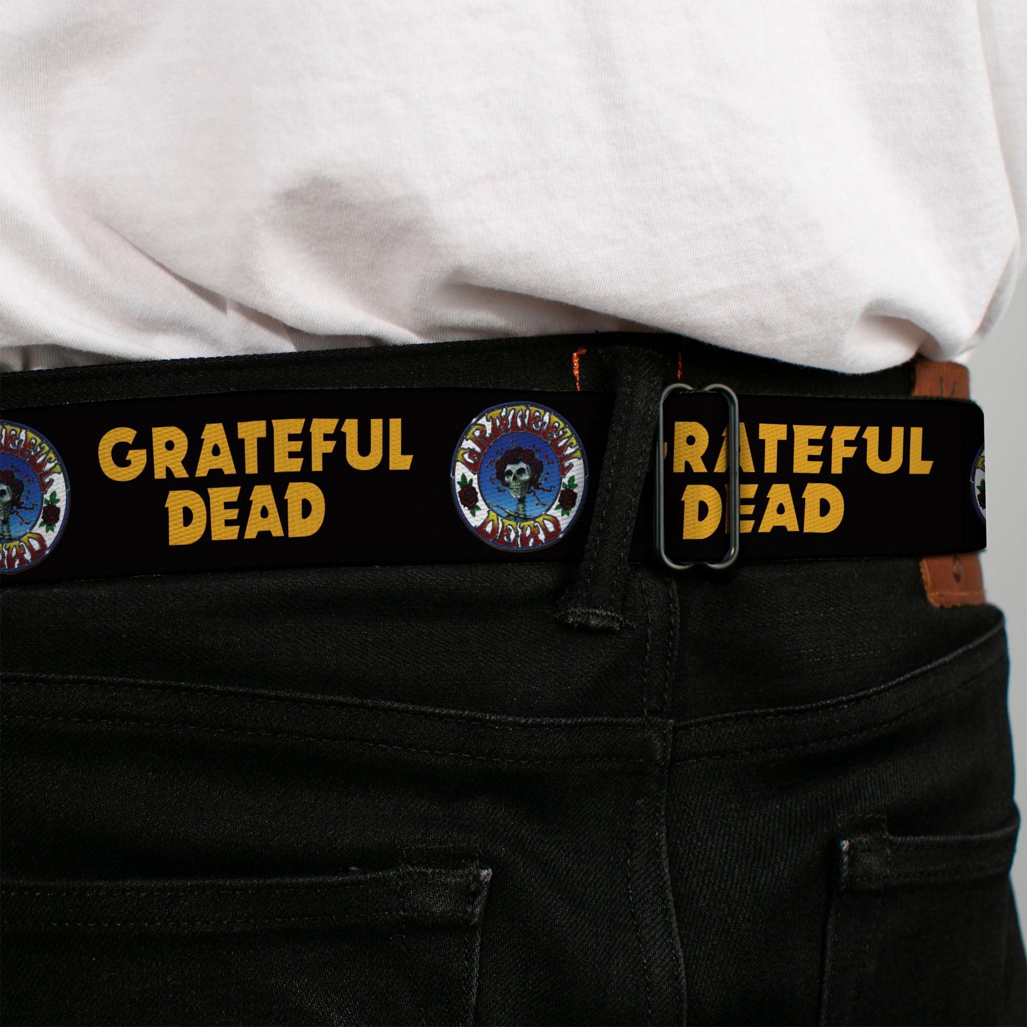 GRATEFUL DEAD Text with Steal Your Face Logo Full Color Black Seatbelt Belt - GRATEFUL DEAD Text and Skull and Roses Round Logo Black/Yellow Webbing Seatbelt Belts Grateful Dead
