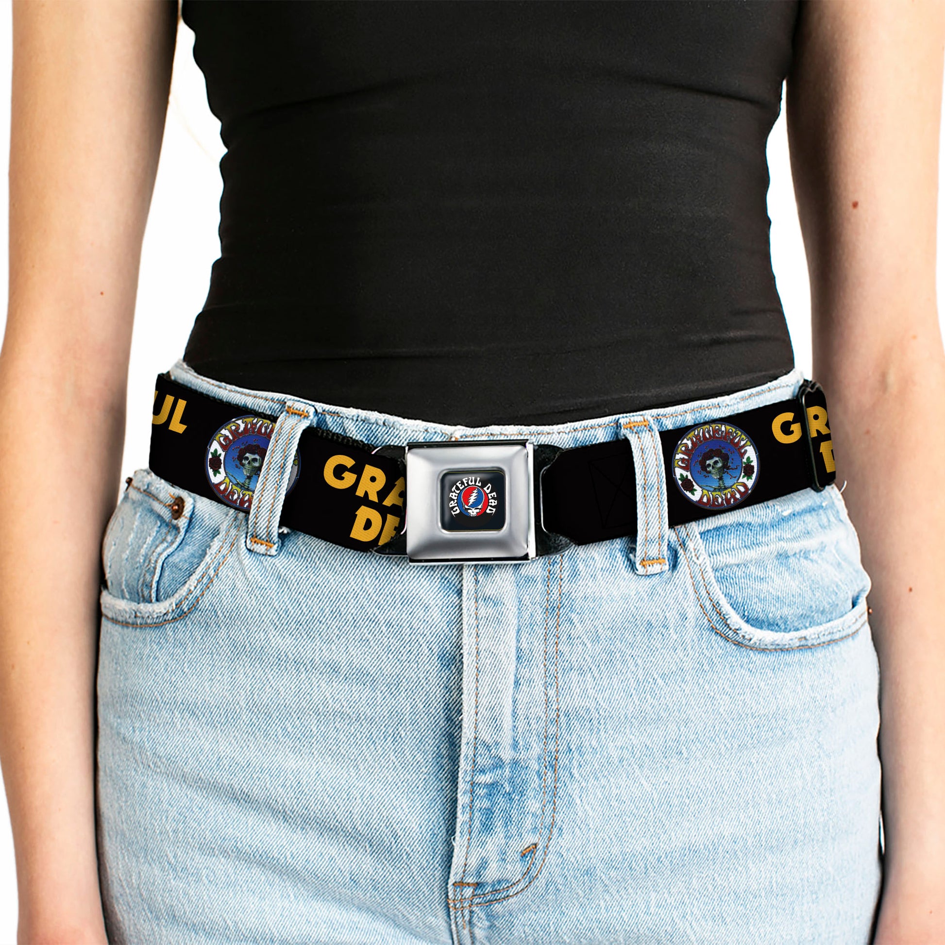 GRATEFUL DEAD Text with Steal Your Face Logo Full Color Black Seatbelt Belt - GRATEFUL DEAD Text and Skull and Roses Round Logo Black/Yellow Webbing Seatbelt Belts Grateful Dead