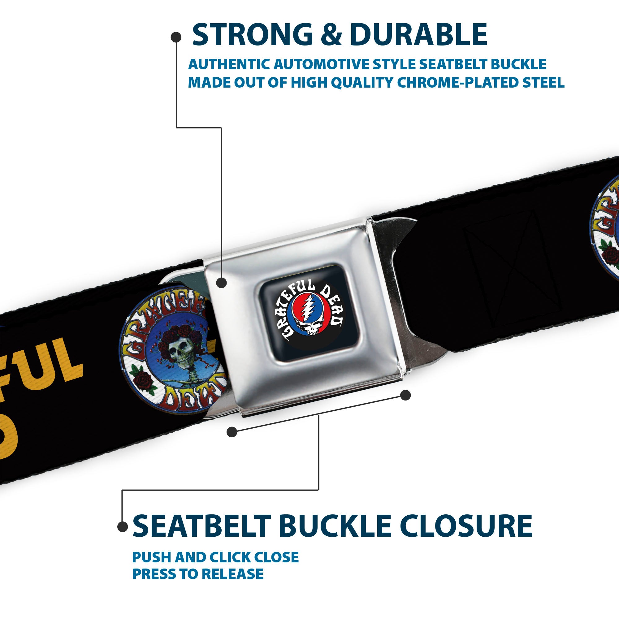 GRATEFUL DEAD Text with Steal Your Face Logo Full Color Black Seatbelt Belt - GRATEFUL DEAD Text and Skull and Roses Round Logo Black/Yellow Webbing Seatbelt Belts Grateful Dead