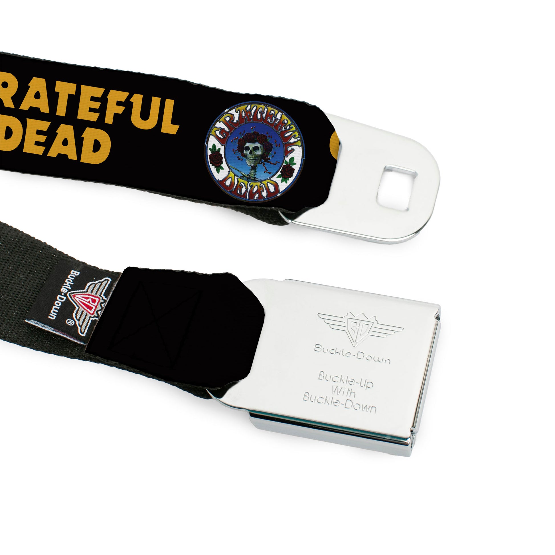 GRATEFUL DEAD Text with Steal Your Face Logo Full Color Black Seatbelt Belt - GRATEFUL DEAD Text and Skull and Roses Round Logo Black/Yellow Webbing Seatbelt Belts Grateful Dead