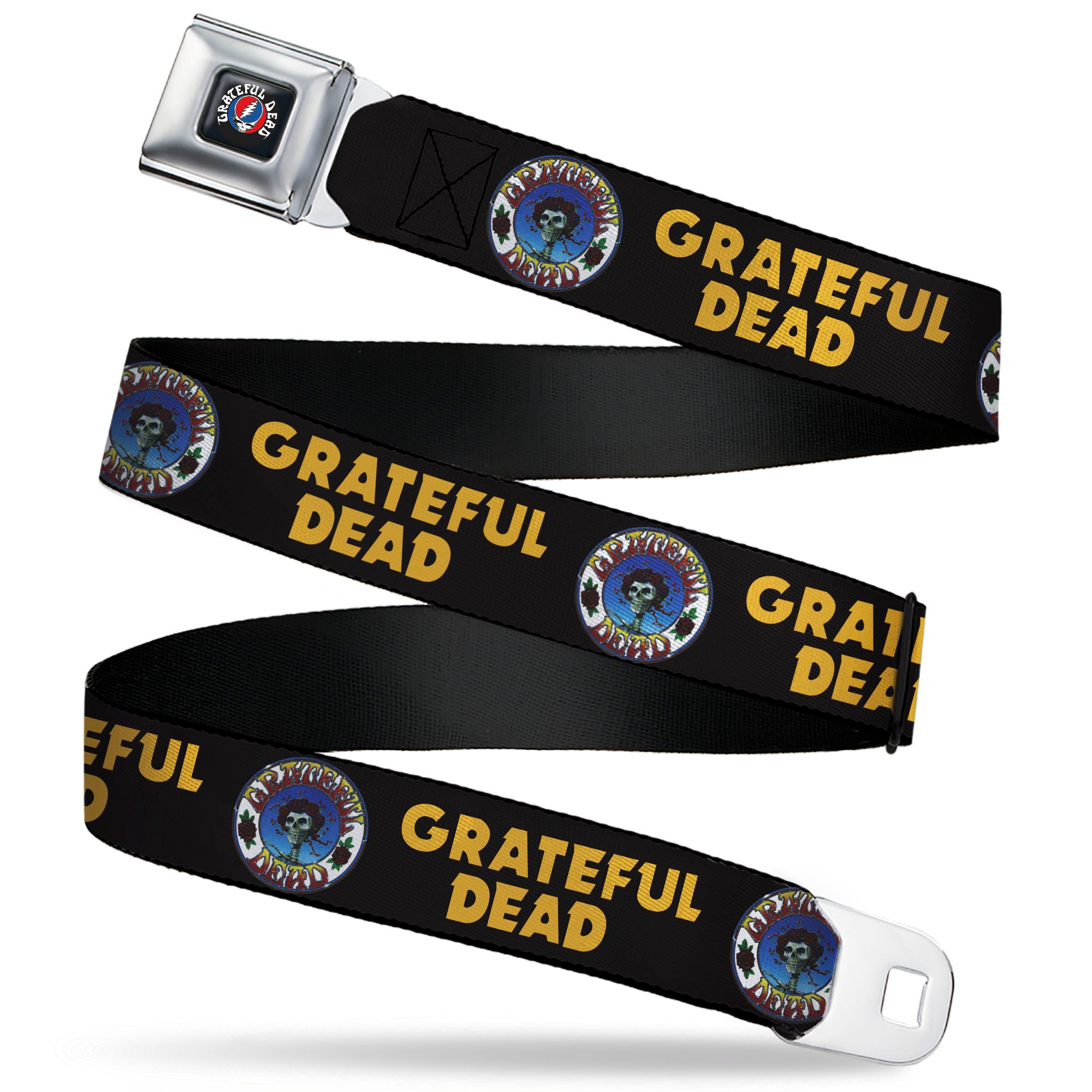 GRATEFUL DEAD Text with Steal Your Face Logo Full Color Black Seatbelt Belt - GRATEFUL DEAD Text and Skull and Roses Round Logo Black/Yellow Webbing Seatbelt Belts Grateful Dead