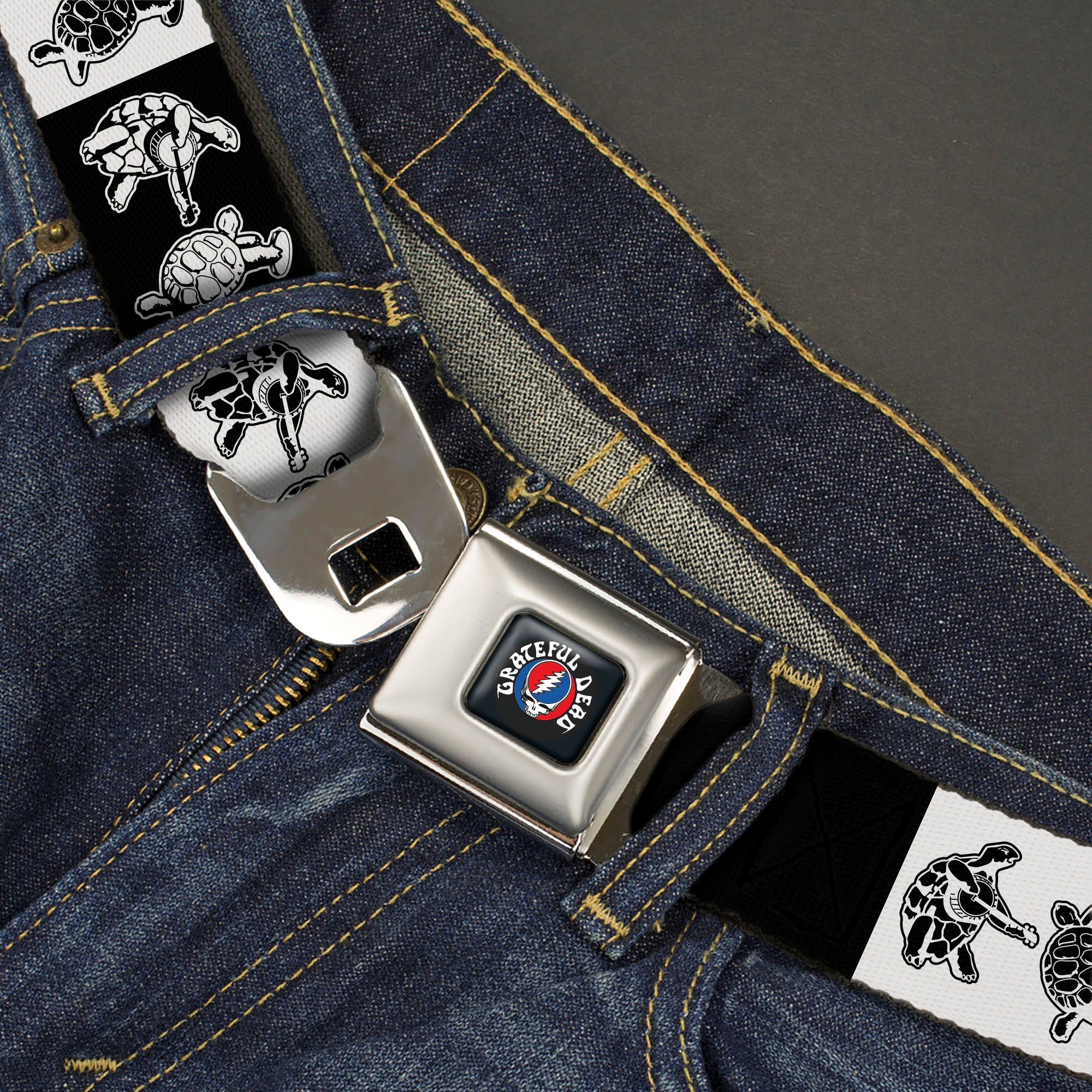 GRATEFUL DEAD Text with Steal Your Face Logo Full Color Black Seatbelt Belt - Grateful Dead Dancing Terrapin Blocks Black/White Webbing Seatbelt Belts Grateful Dead