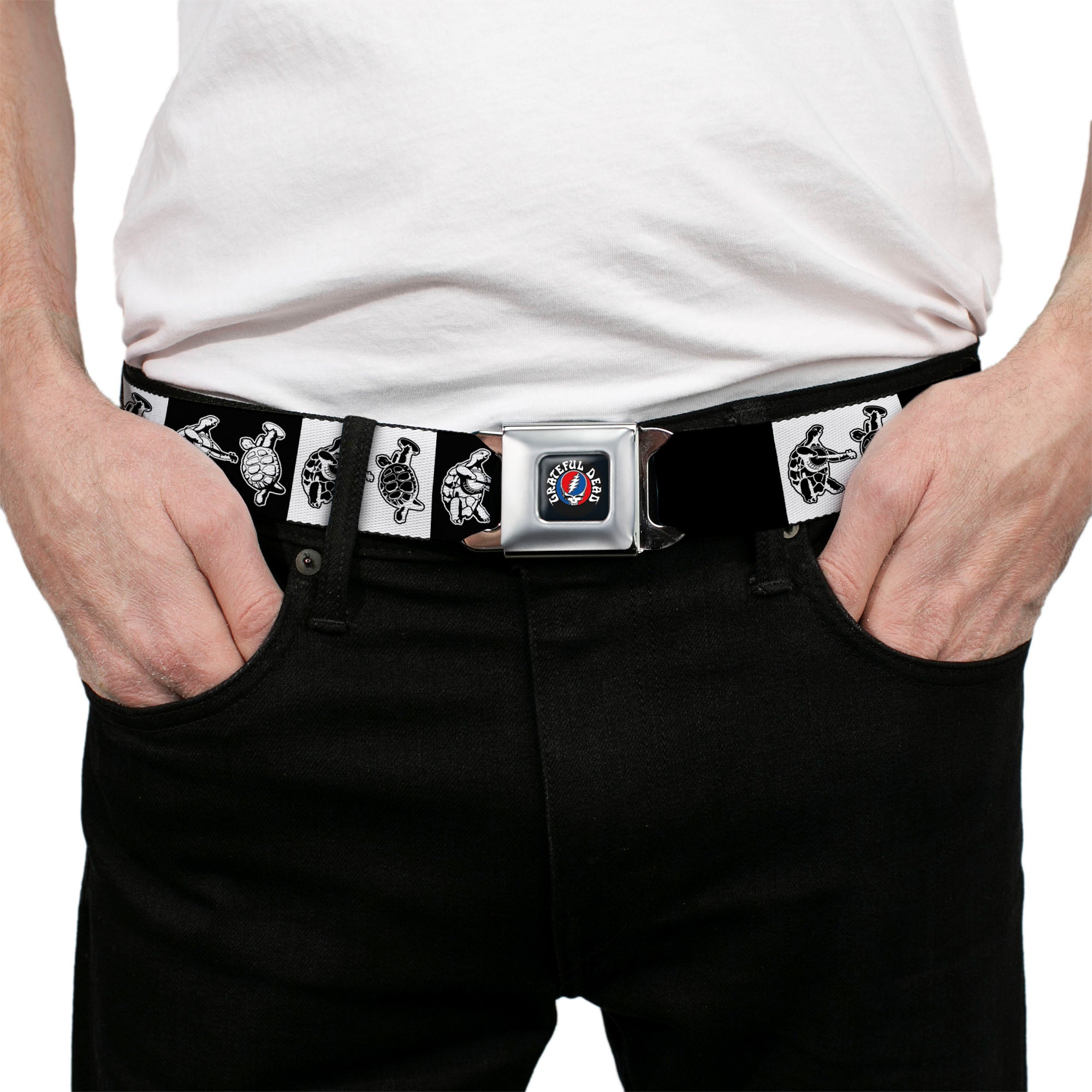 GRATEFUL DEAD Text with Steal Your Face Logo Full Color Black Seatbelt Belt - Grateful Dead Dancing Terrapin Blocks Black/White Webbing Seatbelt Belts Grateful Dead