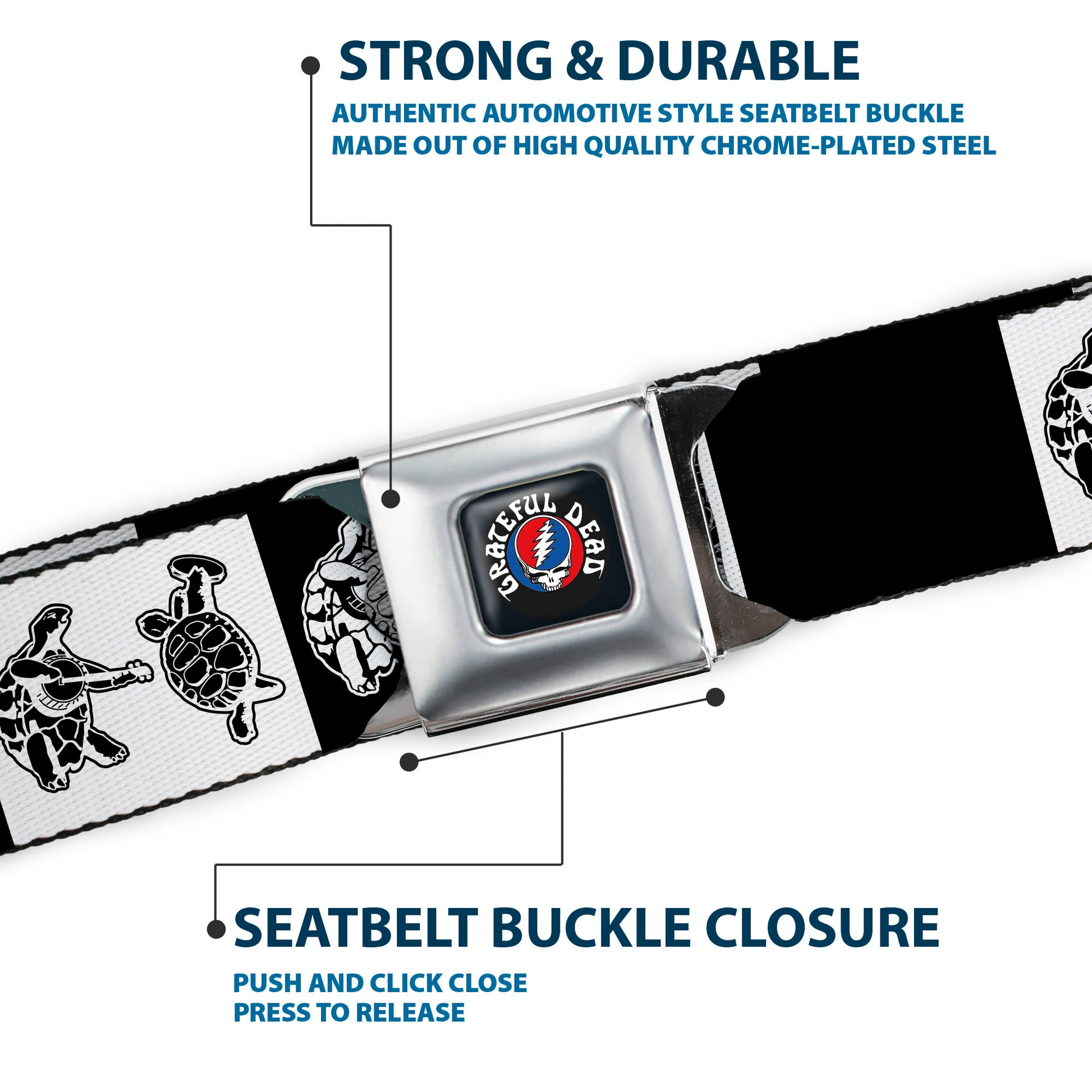 GRATEFUL DEAD Text with Steal Your Face Logo Full Color Black Seatbelt Belt - Grateful Dead Dancing Terrapin Blocks Black/White Webbing Seatbelt Belts Grateful Dead