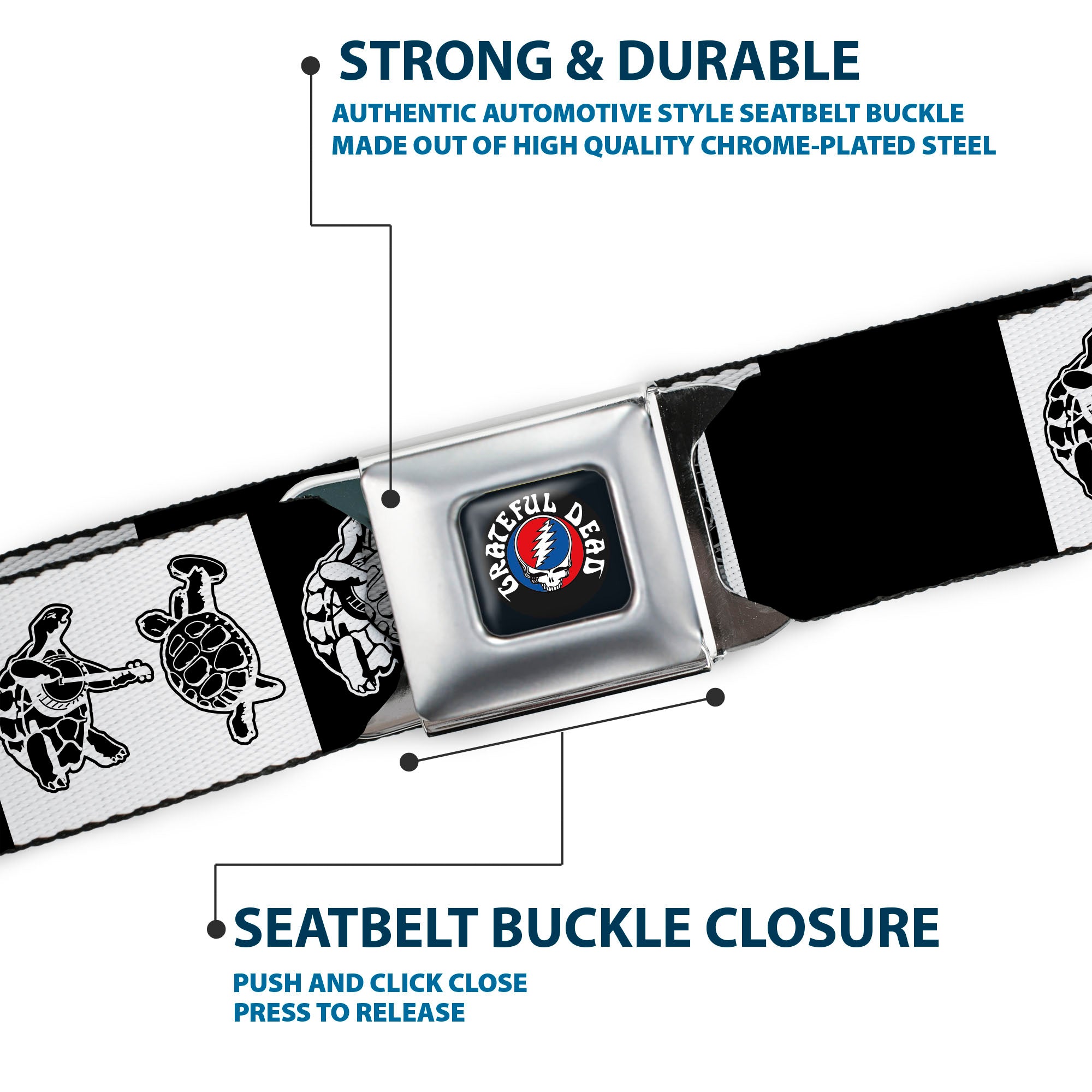GRATEFUL DEAD Text with Steal Your Face Logo Full Color Black Seatbelt Belt - Grateful Dead Dancing Terrapin Blocks Black/White Webbing Seatbelt Belts Grateful Dead