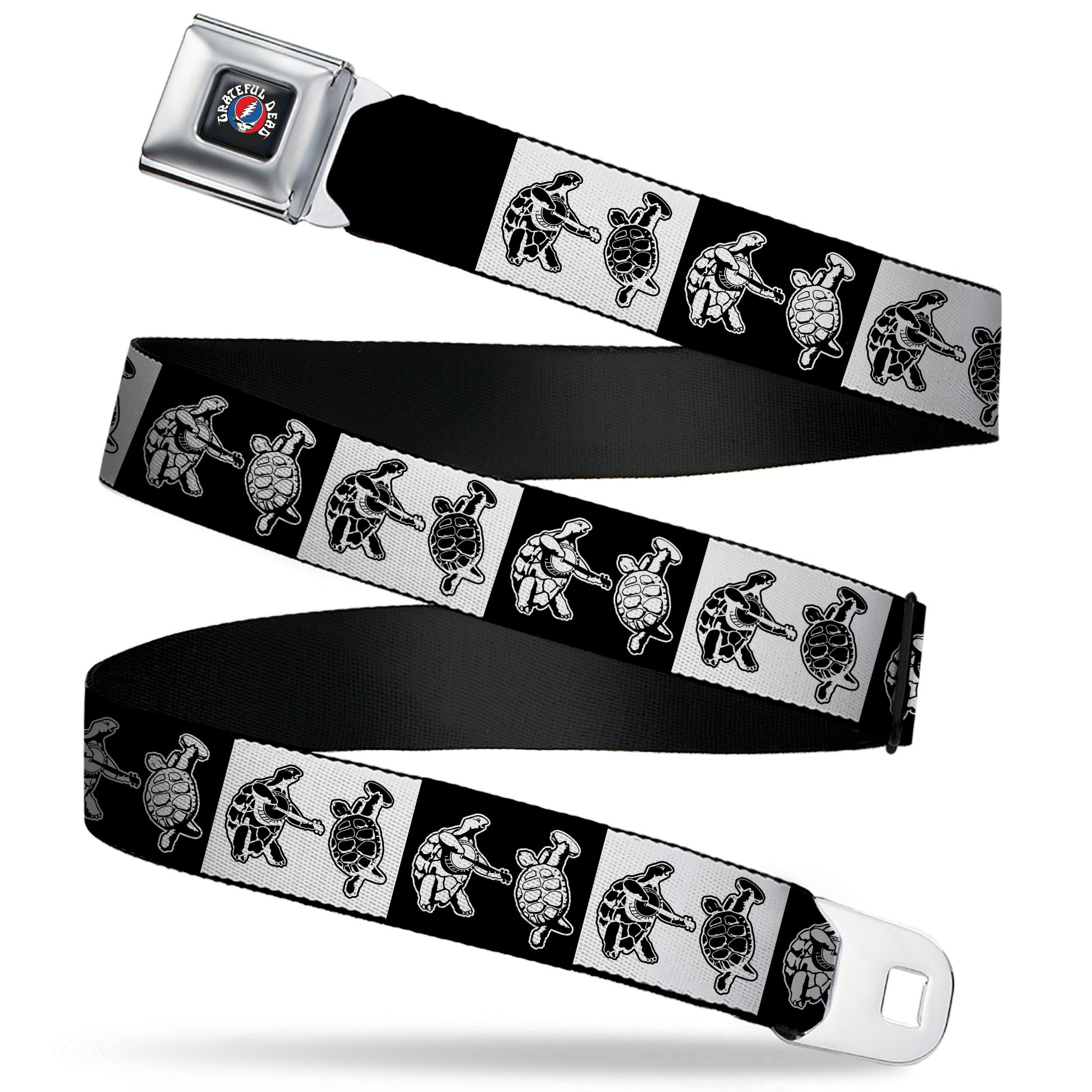 GRATEFUL DEAD Text with Steal Your Face Logo Full Color Black Seatbelt Belt - Grateful Dead Dancing Terrapin Blocks Black/White Webbing Seatbelt Belts Grateful Dead