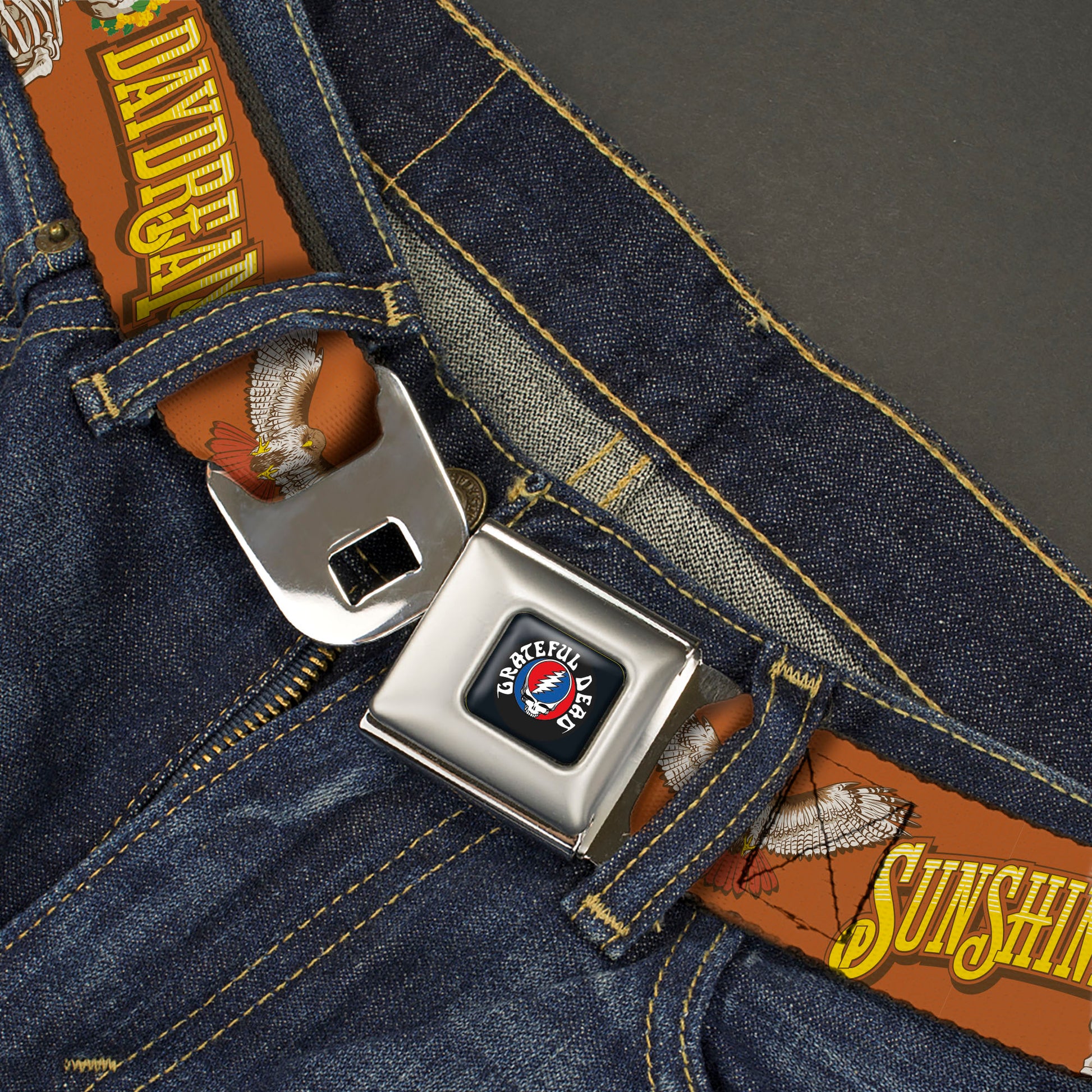 GRATEFUL DEAD Text with Steal Your Face Logo Full Color Black Seatbelt Belt - Grateful Dead SUNSHINE DAYDREAM Skeleton Orange Webbing Seatbelt Belts Grateful Dead