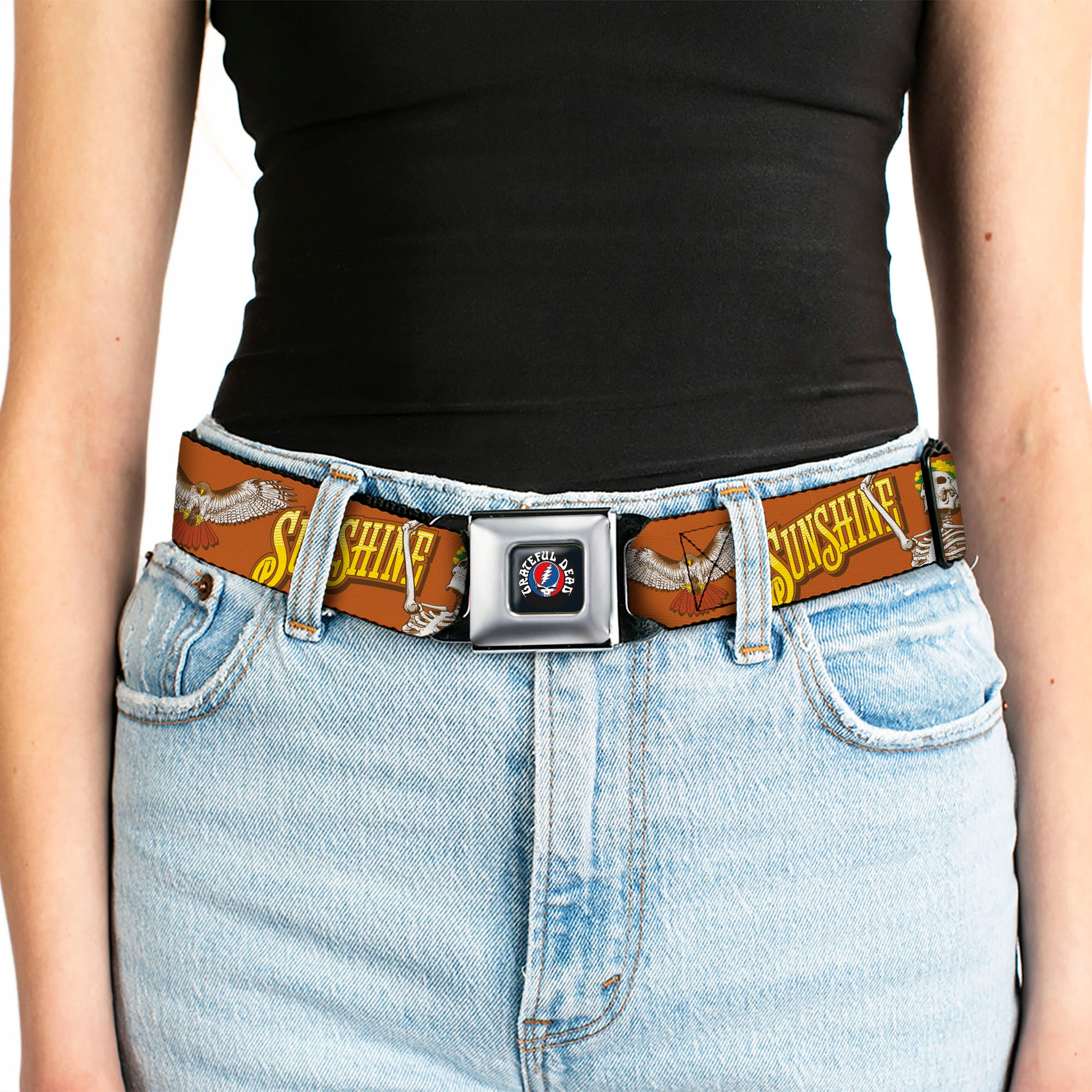 GRATEFUL DEAD Text with Steal Your Face Logo Full Color Black Seatbelt Belt - Grateful Dead SUNSHINE DAYDREAM Skeleton Orange Webbing Seatbelt Belts Grateful Dead