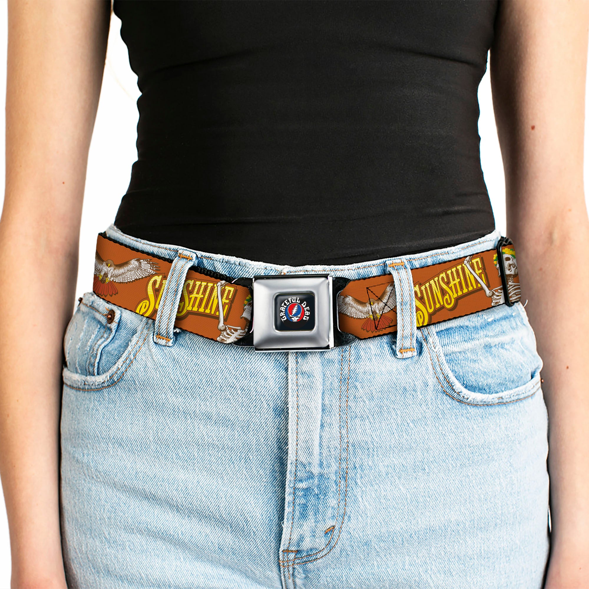 GRATEFUL DEAD Text with Steal Your Face Logo Full Color Black Seatbelt Belt - Grateful Dead SUNSHINE DAYDREAM Skeleton Orange Webbing Seatbelt Belts Grateful Dead