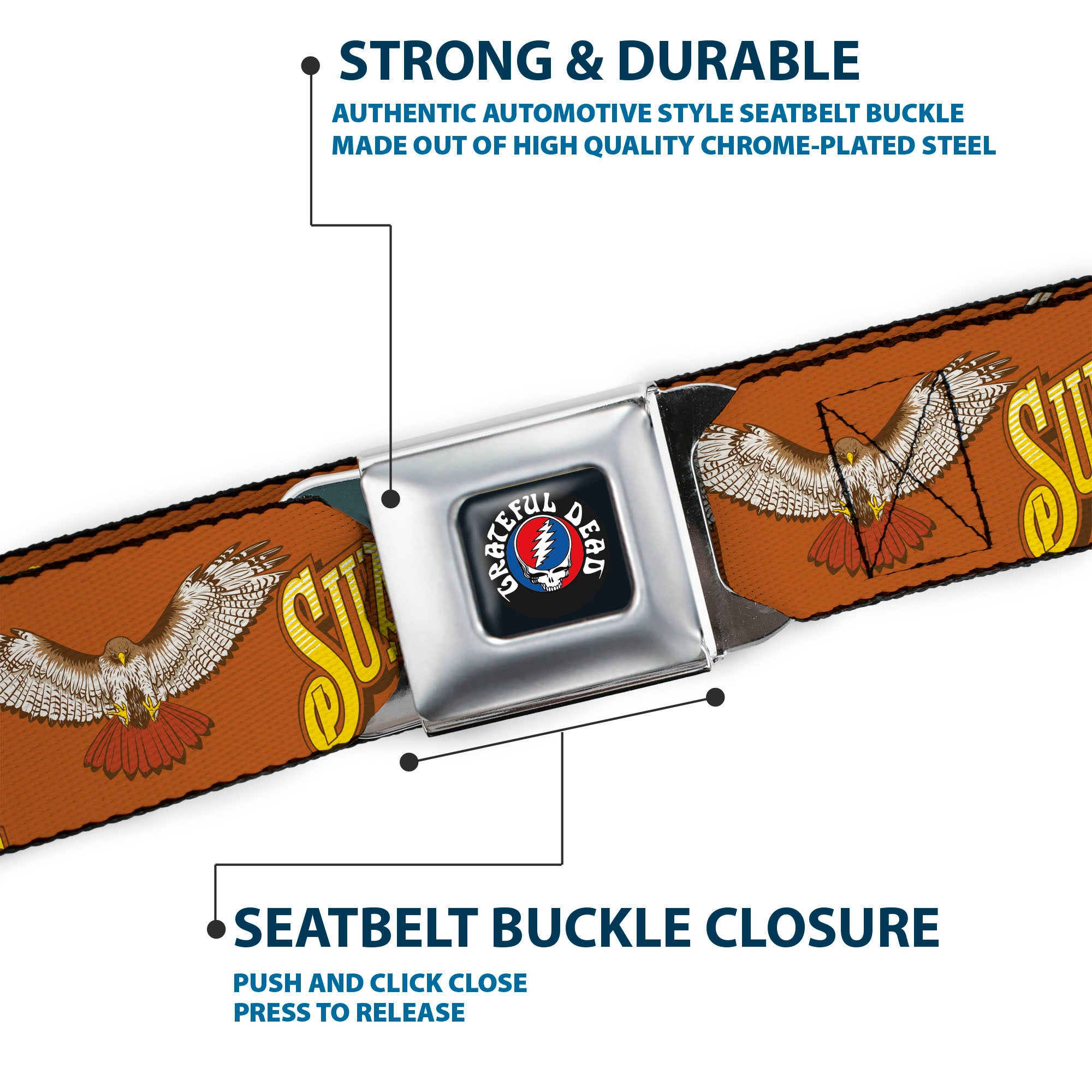 GRATEFUL DEAD Text with Steal Your Face Logo Full Color Black Seatbelt Belt - Grateful Dead SUNSHINE DAYDREAM Skeleton Orange Webbing Seatbelt Belts Grateful Dead