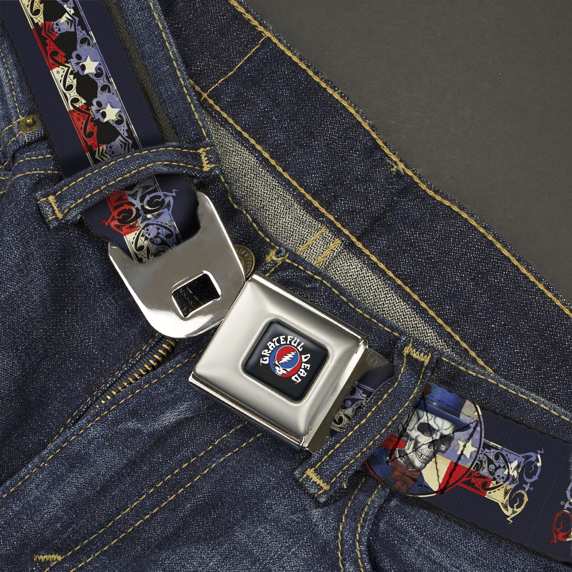 GRATEFUL DEAD Text with Steal Your Face Logo Full Color Black Seatbelt Belt - Grateful Dead Dave's Picks Skeleton Americana Bonus Art Webbing Seatbelt Belts Grateful Dead