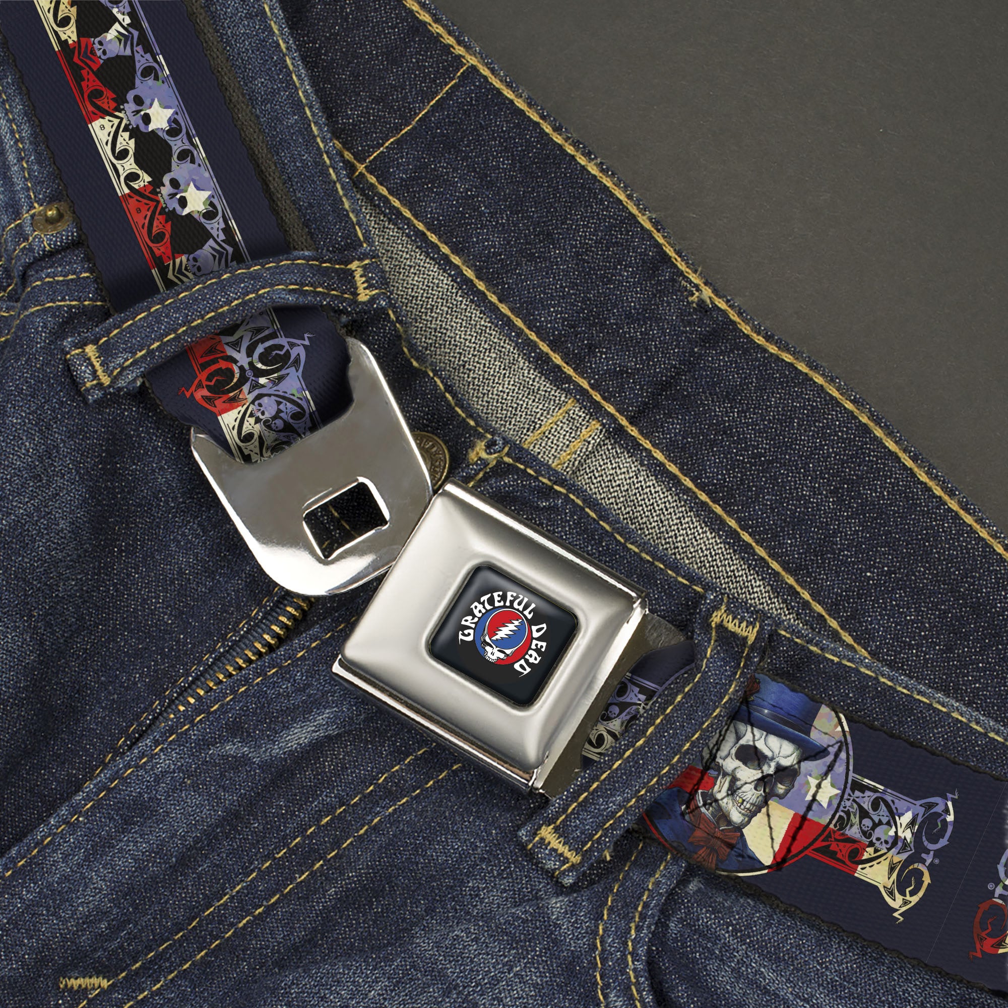 GRATEFUL DEAD Text with Steal Your Face Logo Full Color Black Seatbelt Belt - Grateful Dead Dave's Picks Skeleton Americana Bonus Art Webbing Seatbelt Belts Grateful Dead