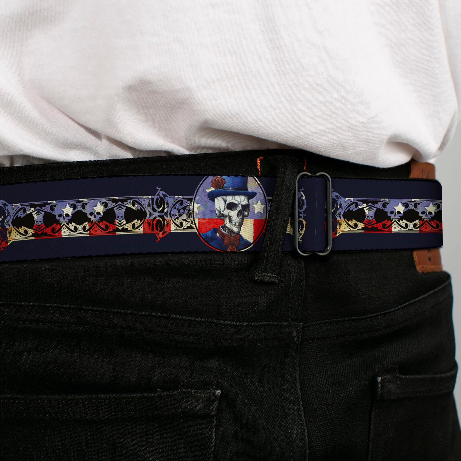 GRATEFUL DEAD Text with Steal Your Face Logo Full Color Black Seatbelt Belt - Grateful Dead Dave's Picks Skeleton Americana Bonus Art Webbing Seatbelt Belts Grateful Dead
