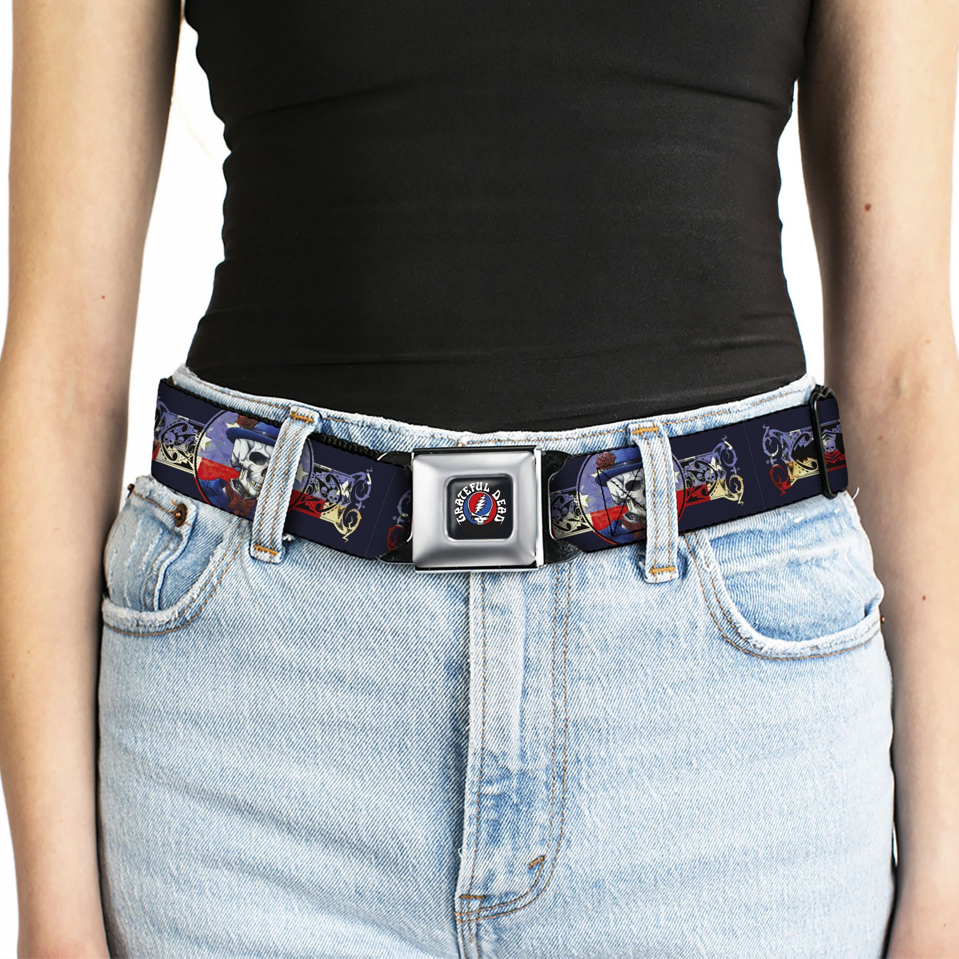 GRATEFUL DEAD Text with Steal Your Face Logo Full Color Black Seatbelt Belt - Grateful Dead Dave's Picks Skeleton Americana Bonus Art Webbing Seatbelt Belts Grateful Dead