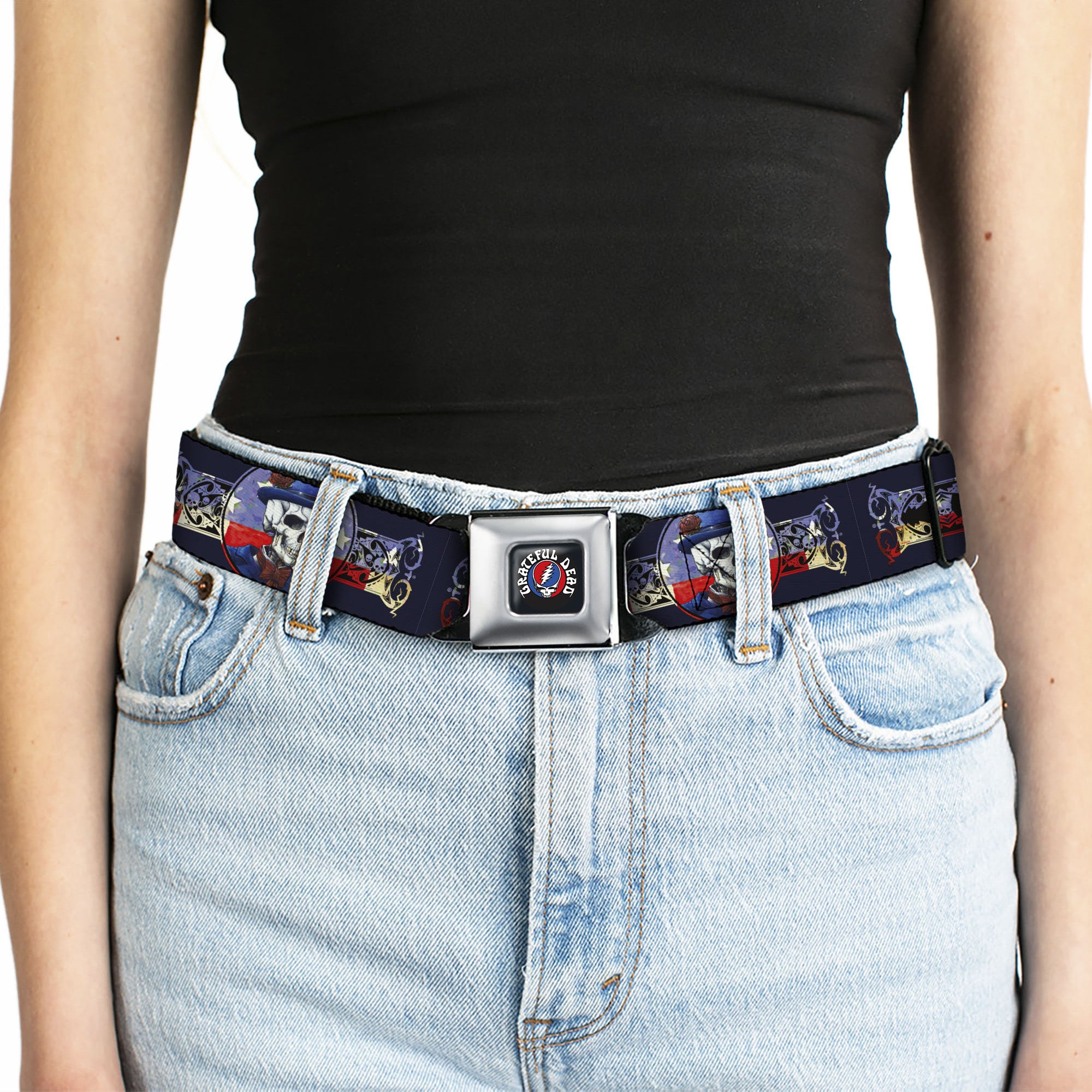 GRATEFUL DEAD Text with Steal Your Face Logo Full Color Black Seatbelt Belt - Grateful Dead Dave's Picks Skeleton Americana Bonus Art Webbing Seatbelt Belts Grateful Dead