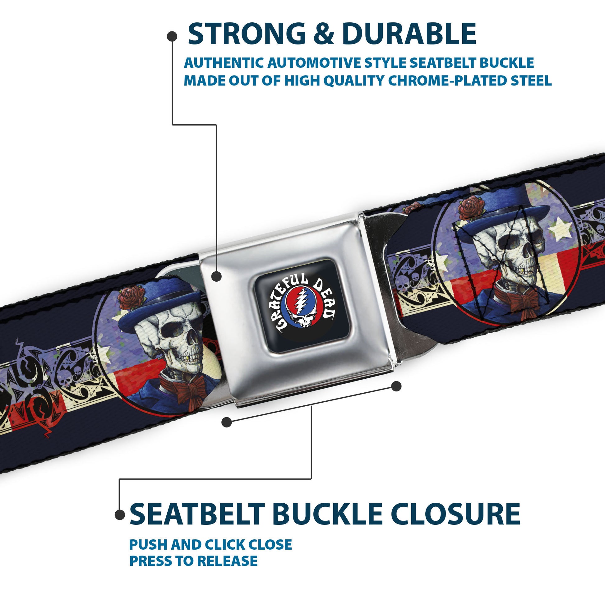 GRATEFUL DEAD Text with Steal Your Face Logo Full Color Black Seatbelt Belt - Grateful Dead Dave's Picks Skeleton Americana Bonus Art Webbing Seatbelt Belts Grateful Dead
