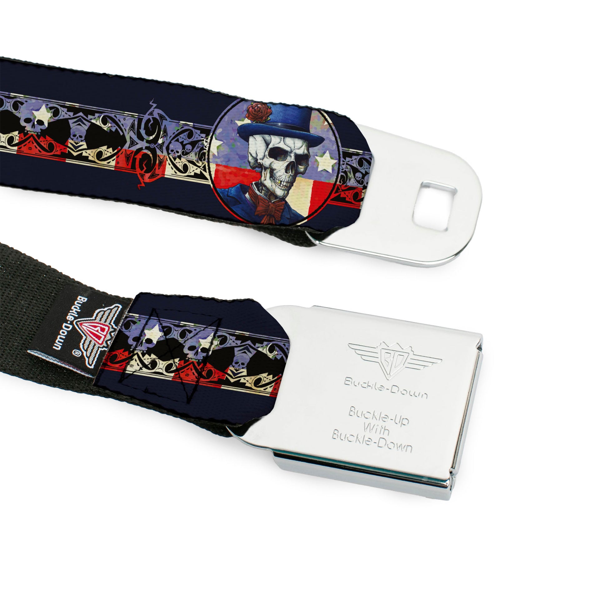 GRATEFUL DEAD Text with Steal Your Face Logo Full Color Black Seatbelt Belt - Grateful Dead Dave's Picks Skeleton Americana Bonus Art Webbing Seatbelt Belts Grateful Dead