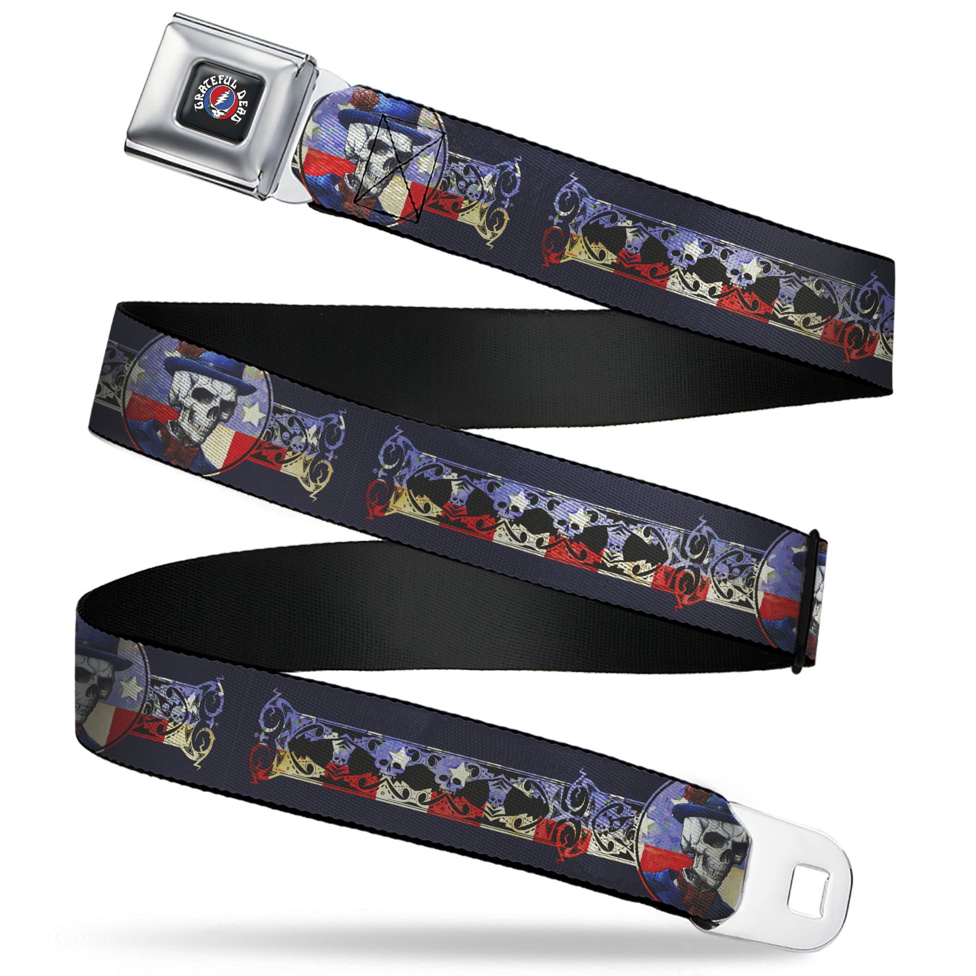 GRATEFUL DEAD Text with Steal Your Face Logo Full Color Black Seatbelt Belt - Grateful Dead Dave's Picks Skeleton Americana Bonus Art Webbing Seatbelt Belts Grateful Dead