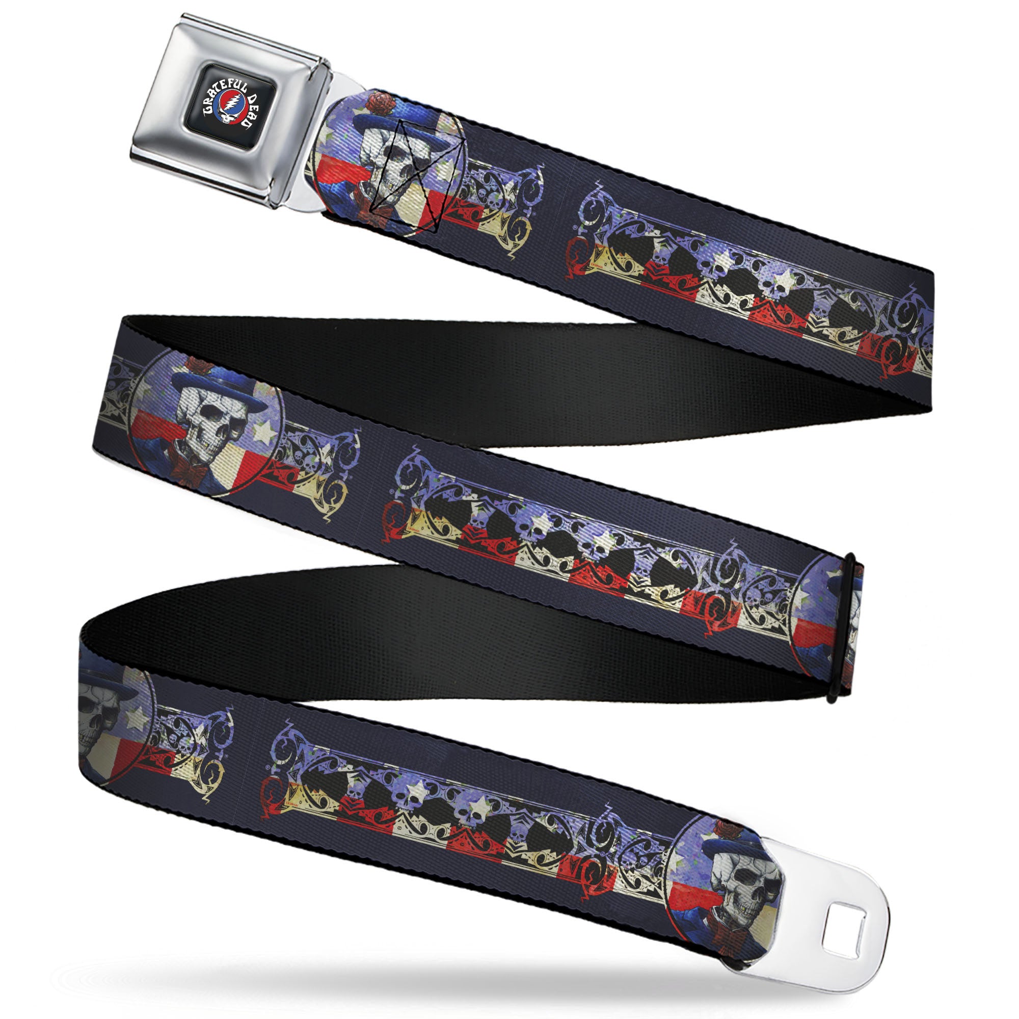 GRATEFUL DEAD Text with Steal Your Face Logo Full Color Black Seatbelt Belt - Grateful Dead Dave's Picks Skeleton Americana Bonus Art Webbing Seatbelt Belts Grateful Dead