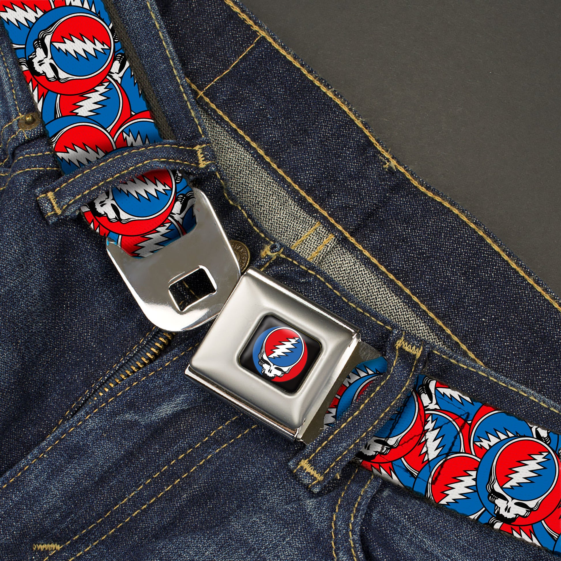 Grateful Dead Steal Your Face Logo Full Color Black/Red/White/Blue Seatbelt Belt - Grateful Dead Steal Your Face Logo Stacked Red/White/Blue Webbing Seatbelt Belts Grateful Dead