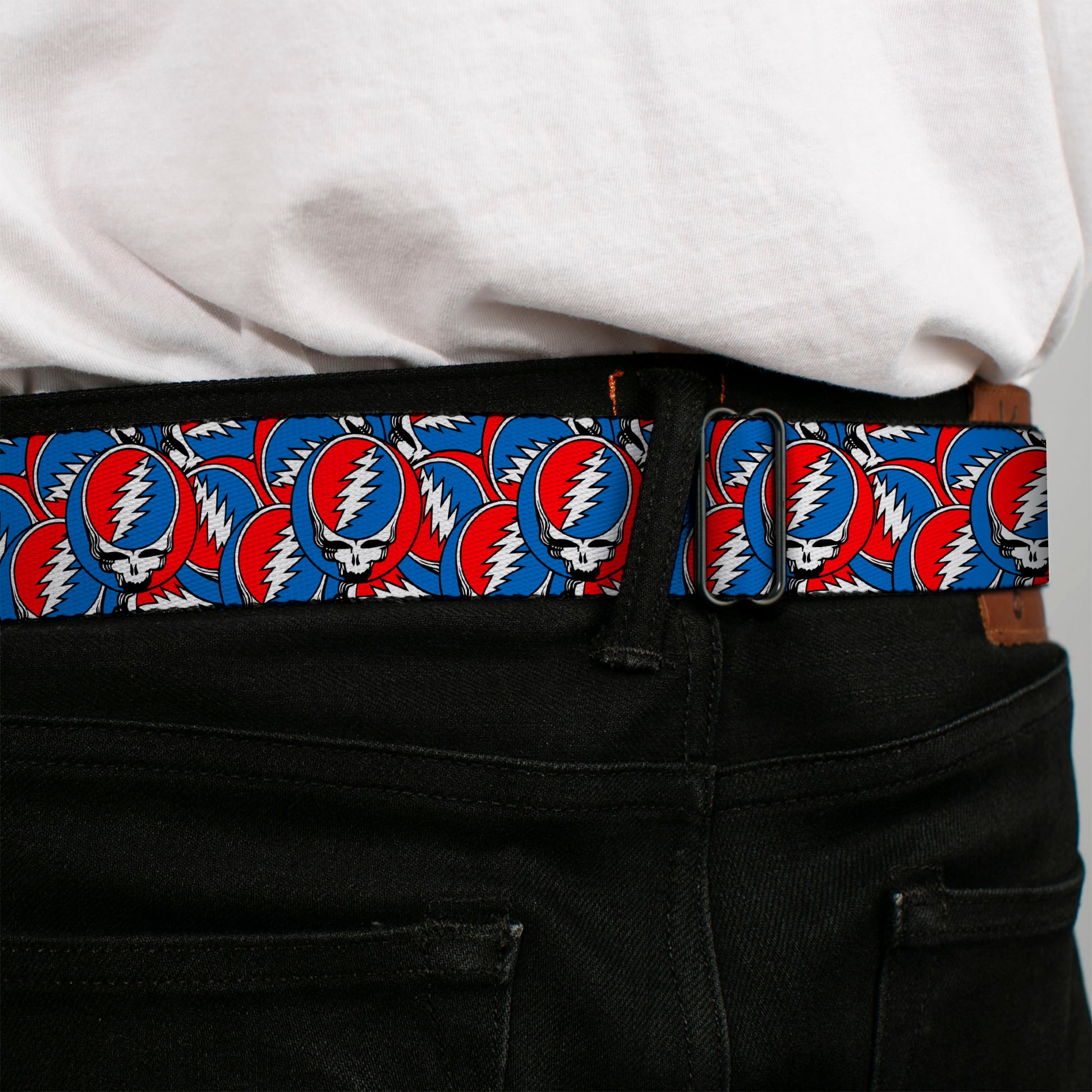 Grateful Dead Steal Your Face Logo Full Color Black/Red/White/Blue Seatbelt Belt - Grateful Dead Steal Your Face Logo Stacked Red/White/Blue Webbing Seatbelt Belts Grateful Dead